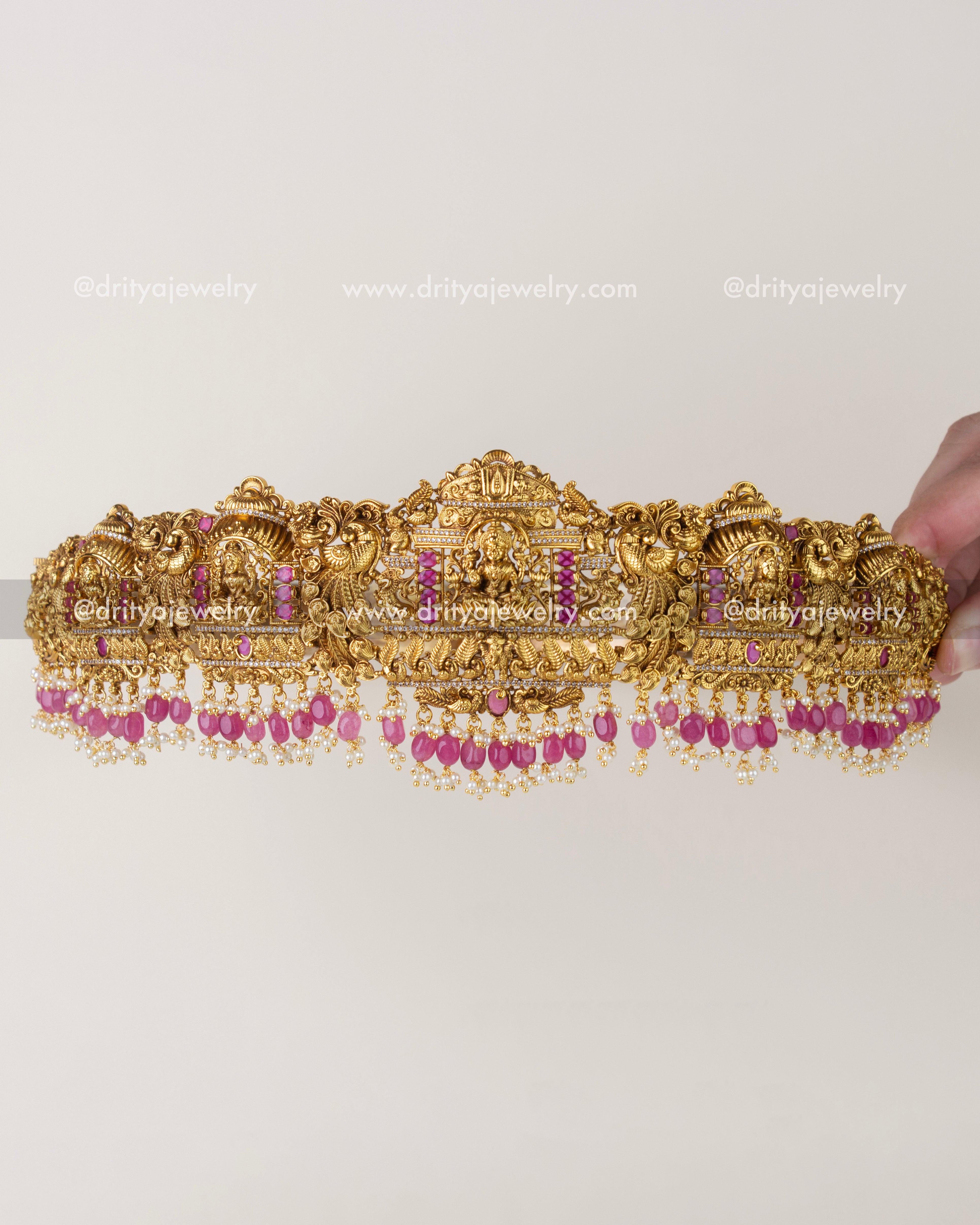 1207-WB premium Lakshmi temple bridal waist belt full front view