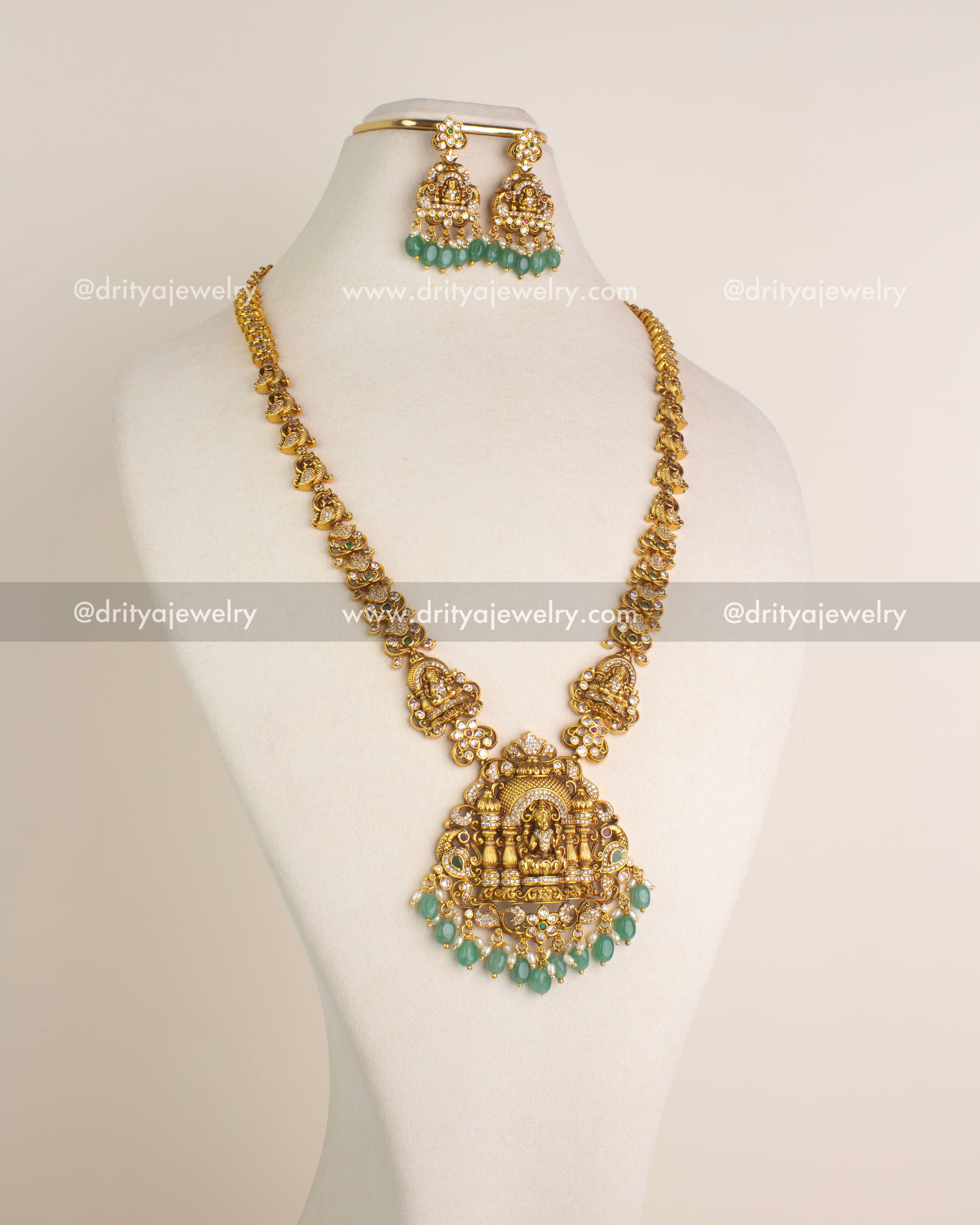 SKU 1169 Necklace Set front view showing long god idol pendant necklace with matching mint bead earrings