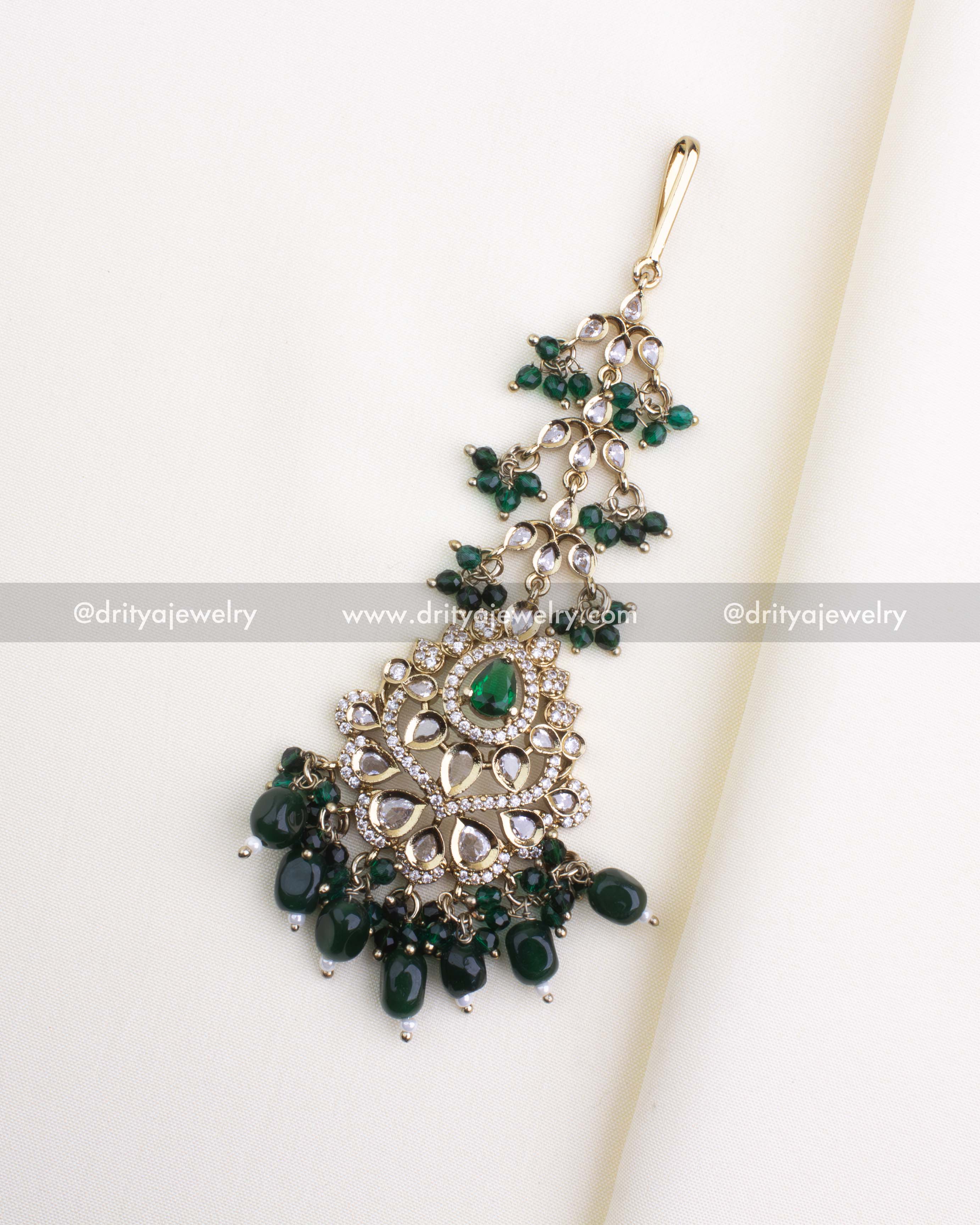 1133-G bridal emerald maang tikka full view showing cascading green beads and stone-studded centerpiece