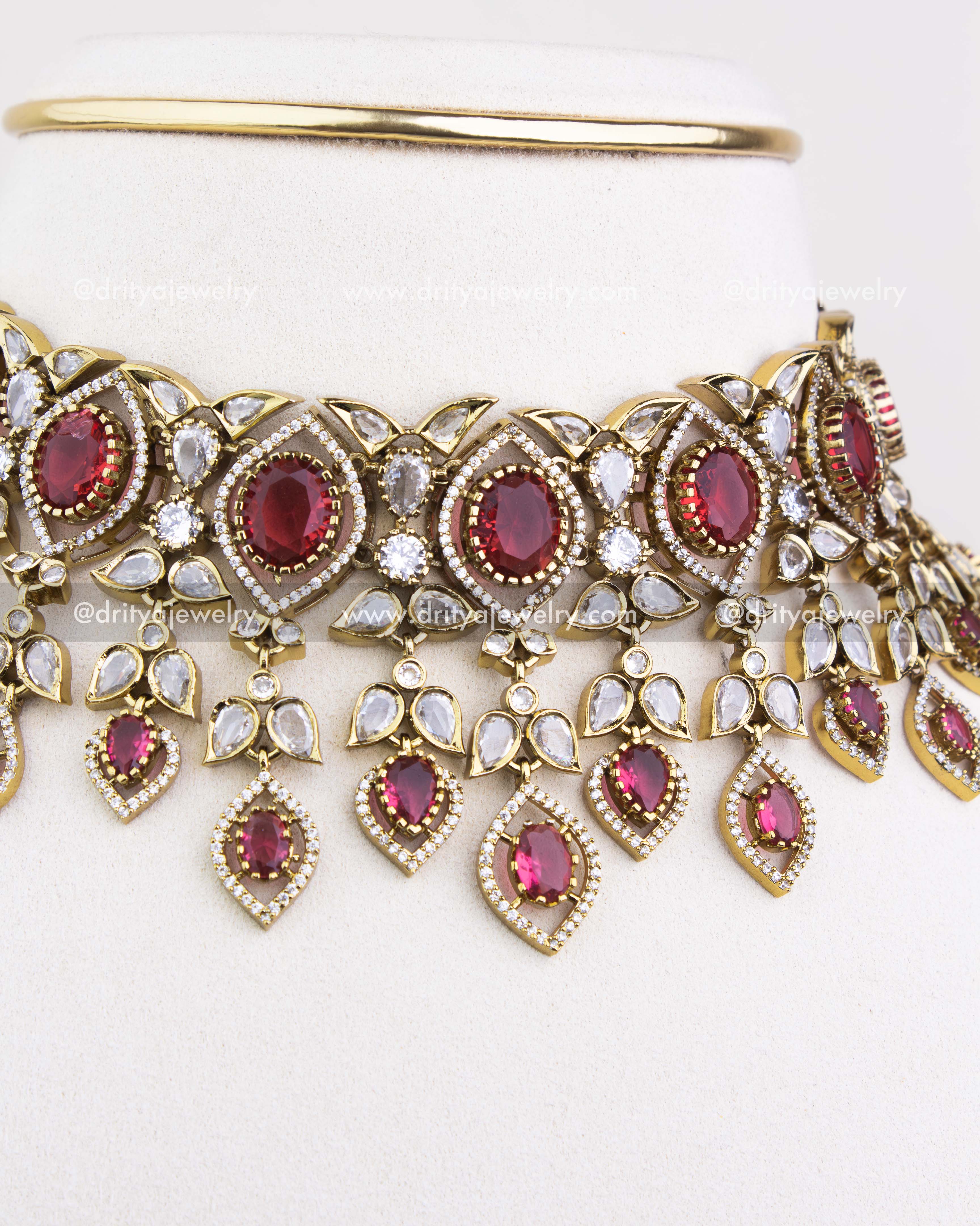 1236-R side angle view of layered drops on Victorian red stone choker necklace