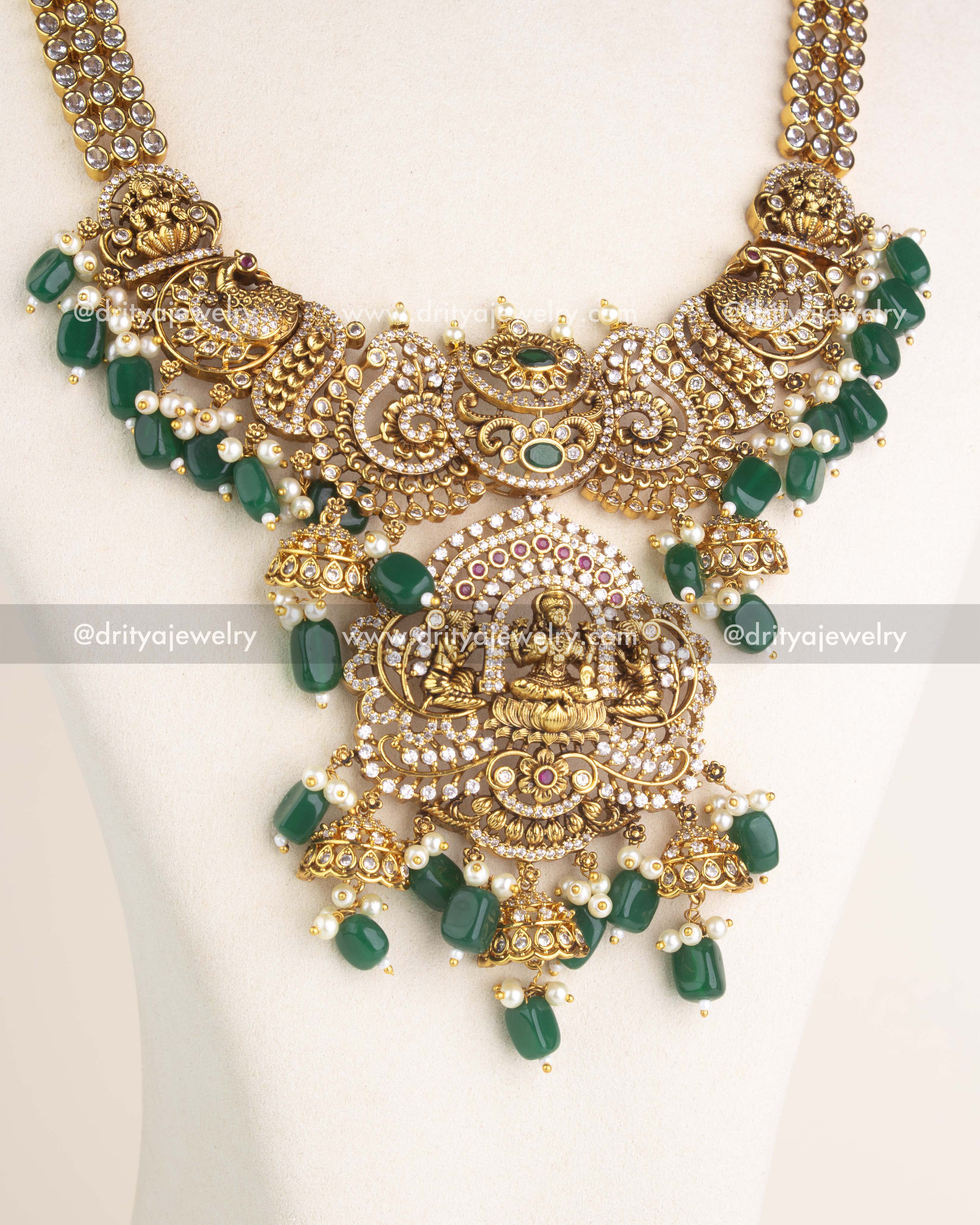 SKU 1161 Necklace Set close-up of central god idol pendant with green bead and pearl drops