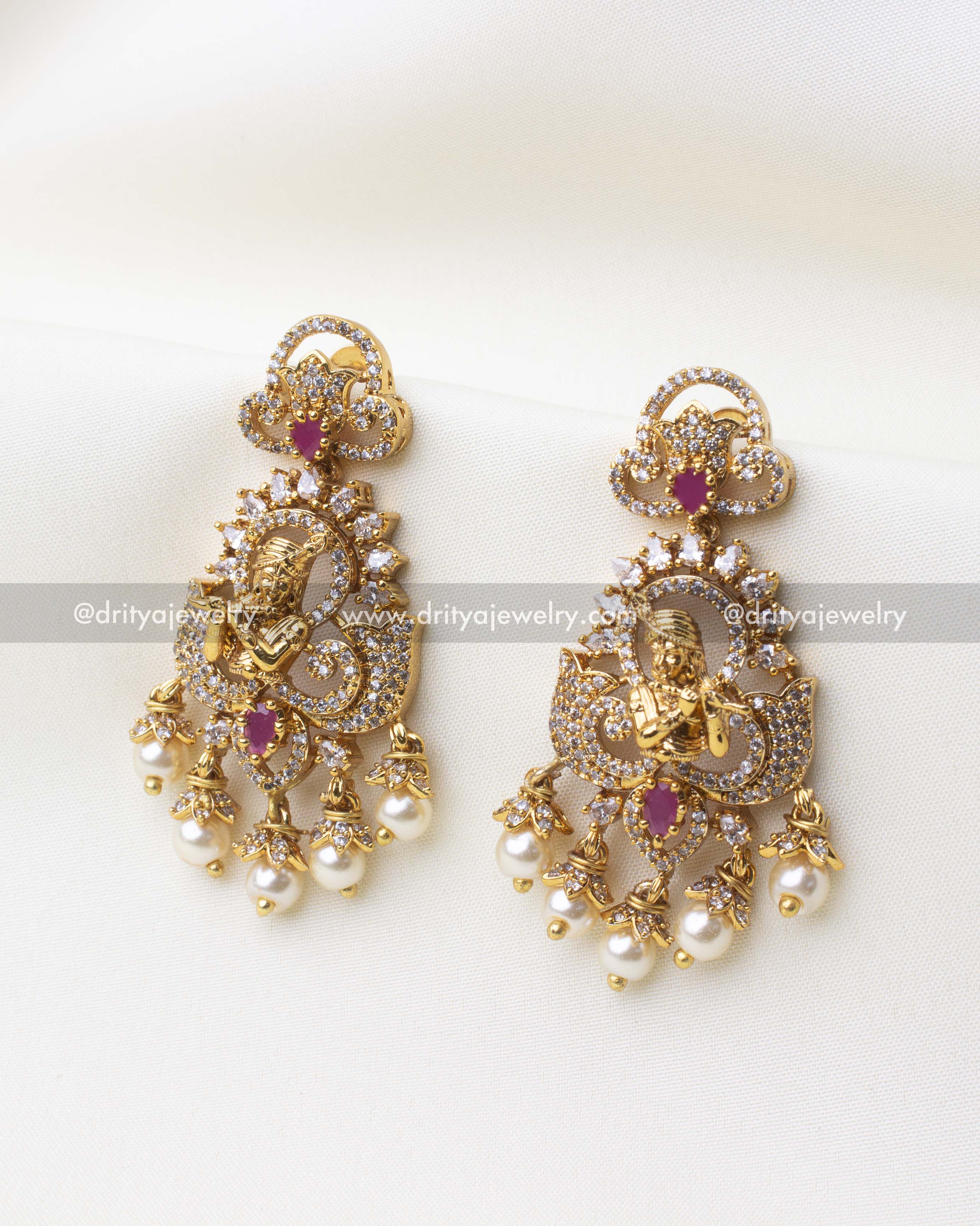 1239 Lord Krishna CZ stone earrings with pearl drops front view