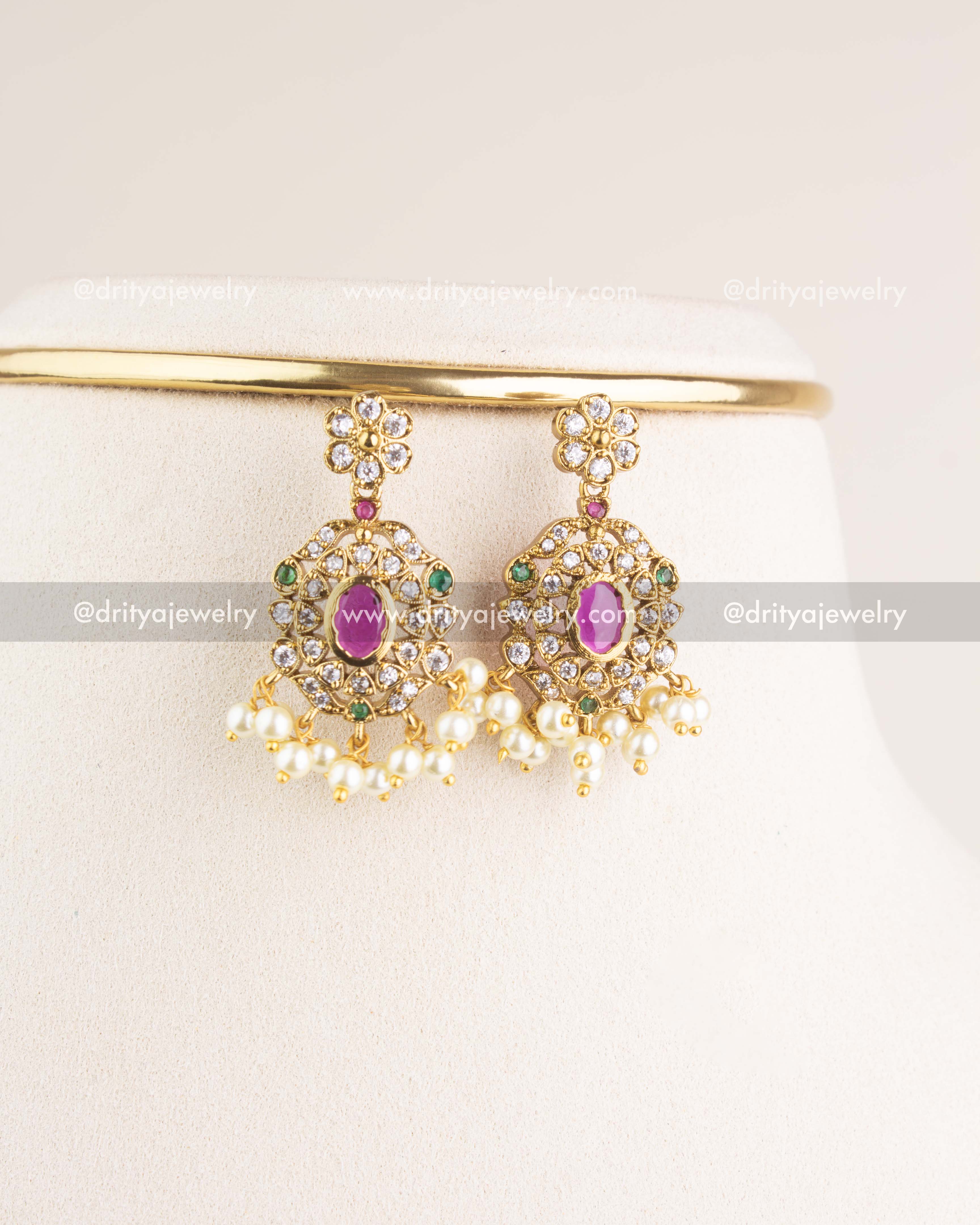 SKU 1140 Necklace Set close-up of matching stone-studded earrings with pearl drops