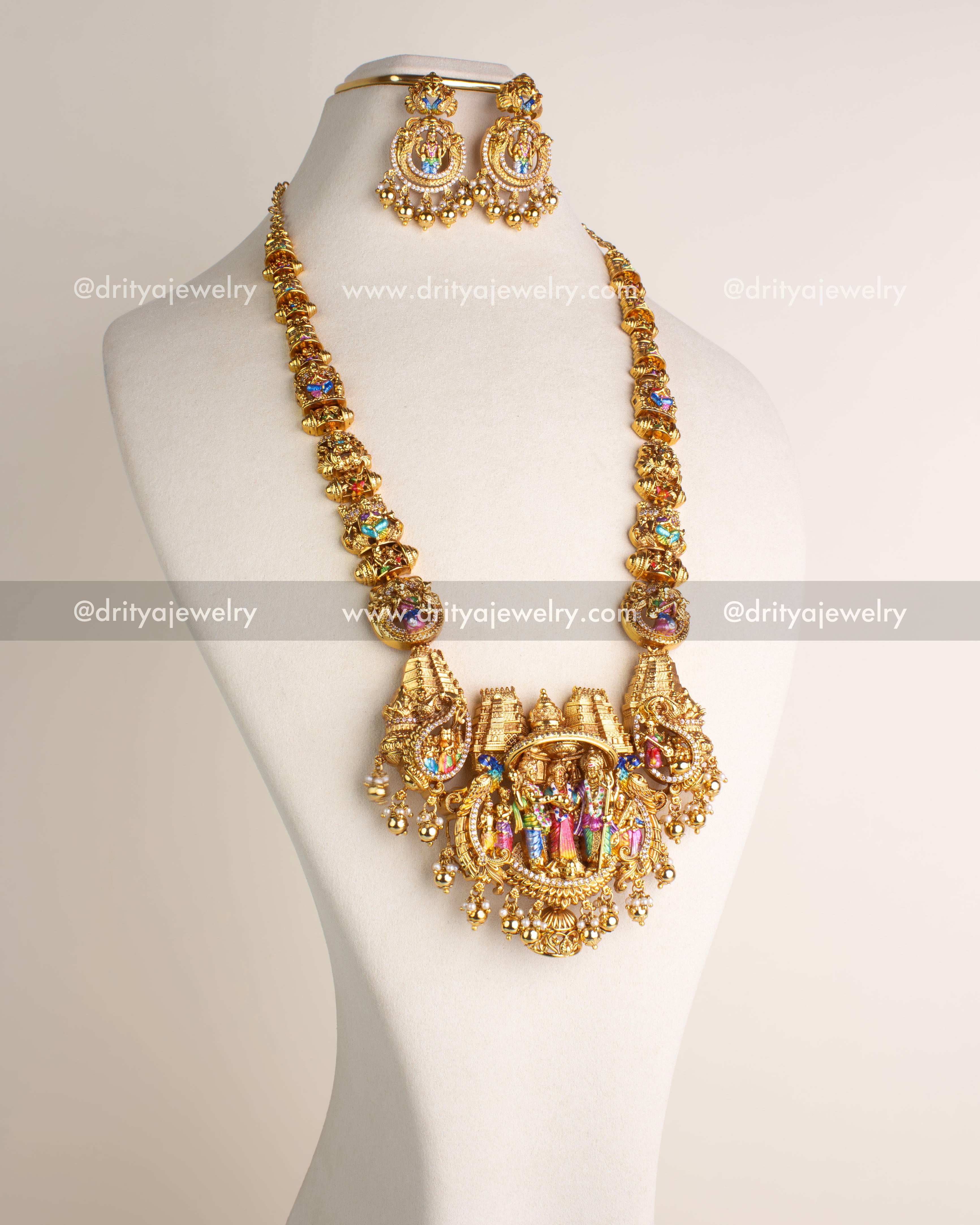 1220 Necklace Set angled view showing long temple chain and earrings
