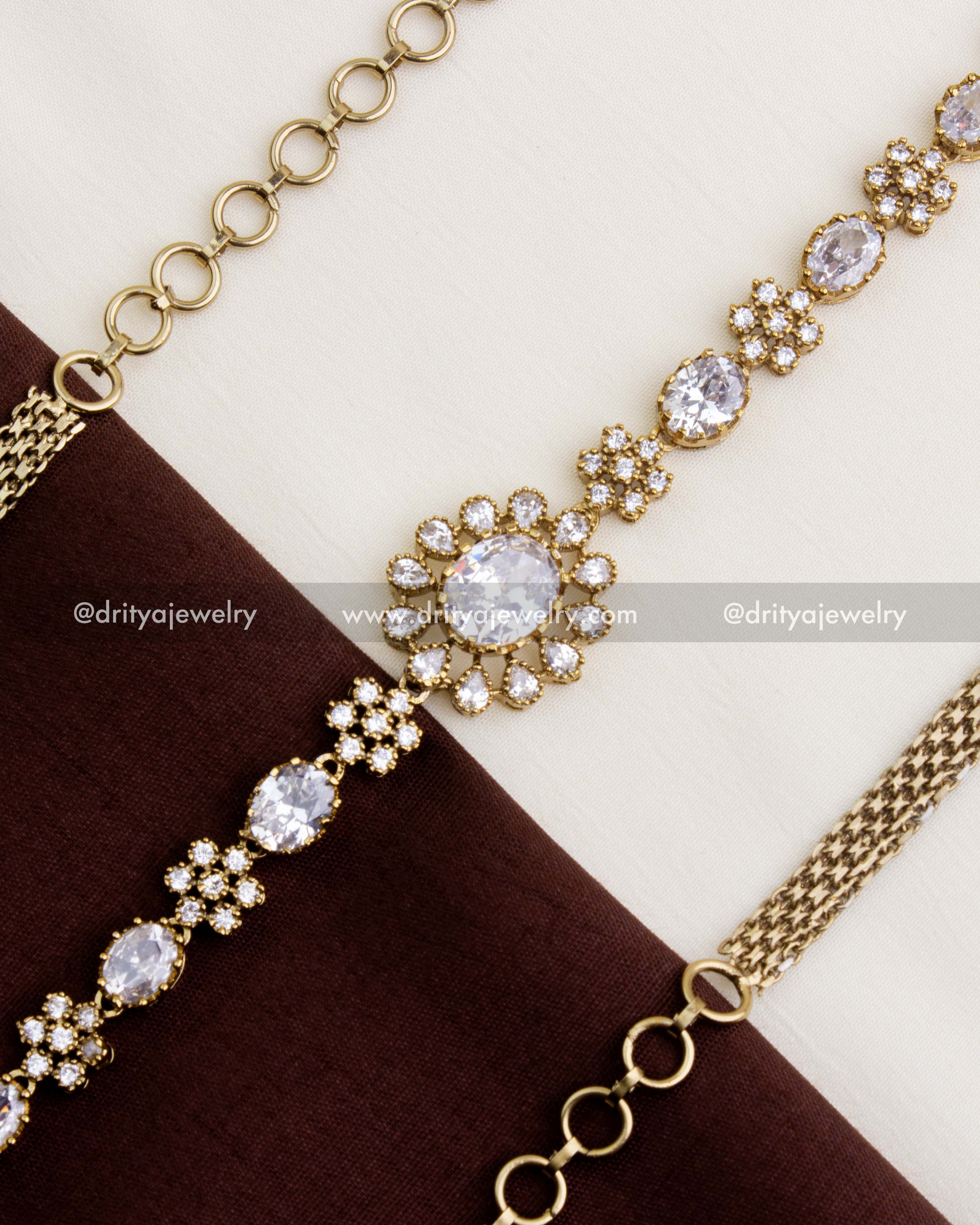 1109-W hip chain close-up of Victorian floral CZ stone centerpiece and waist chain detailing