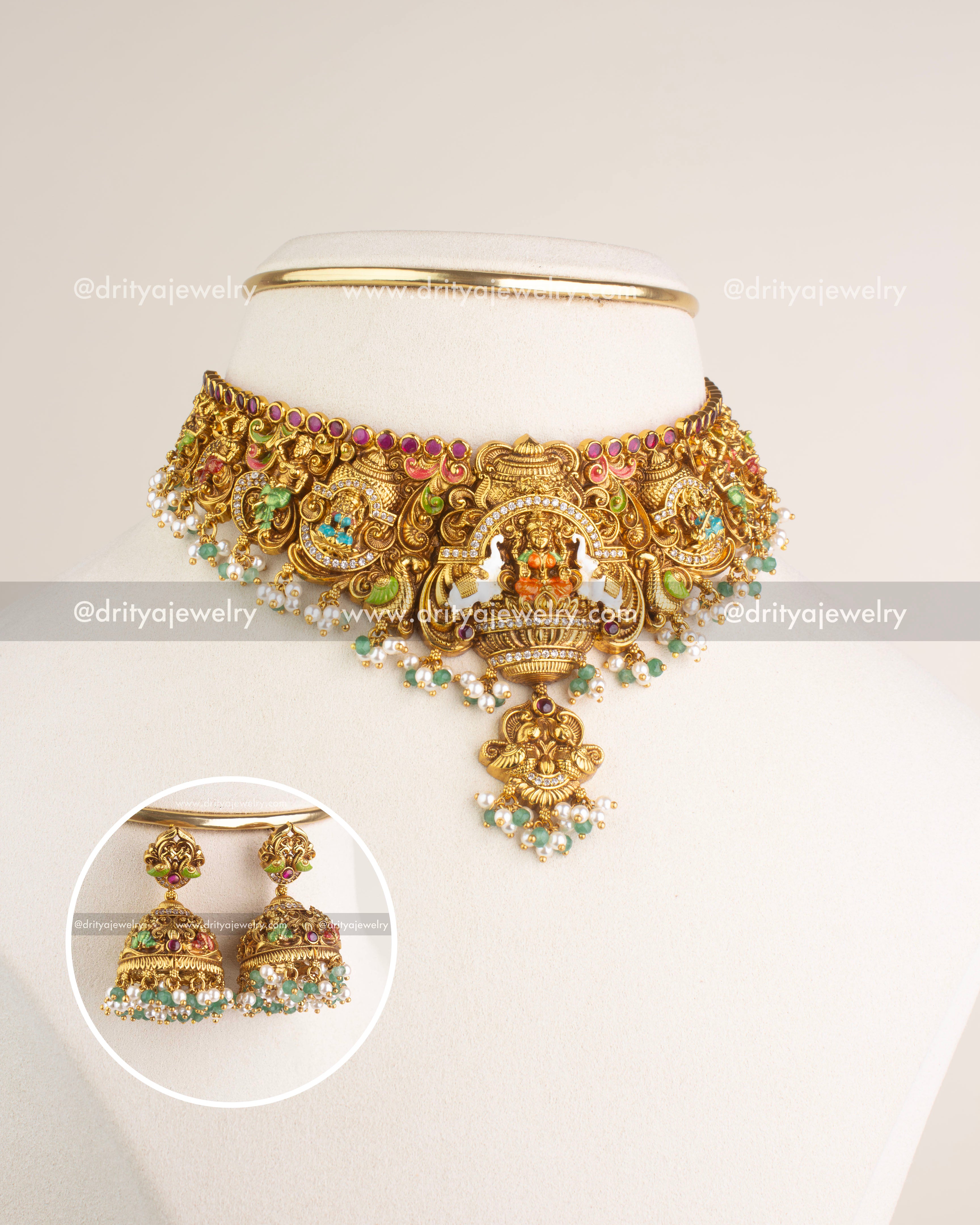 SKU 1181 Necklace Set front view showing god idol choker with matching jhumka earrings inset