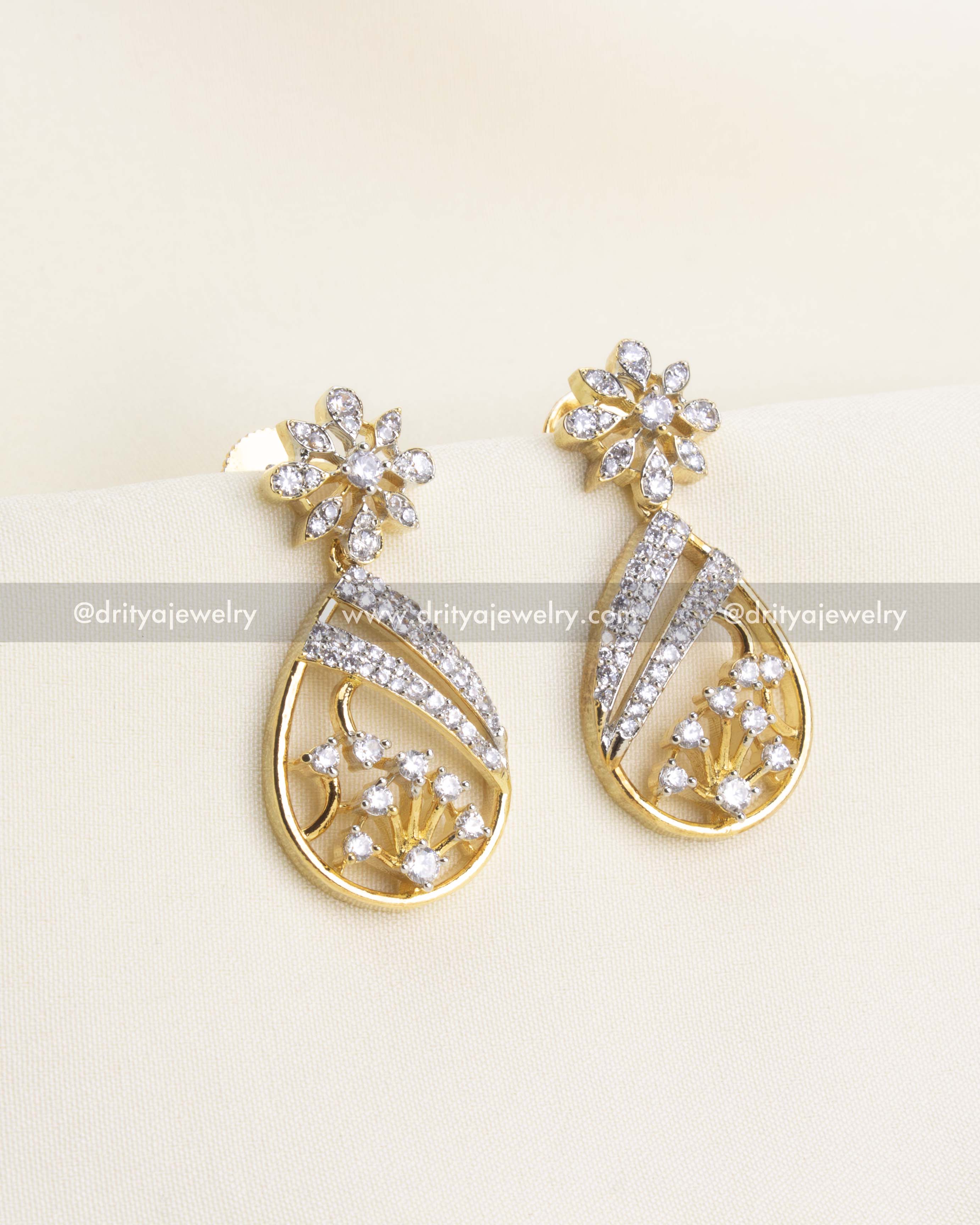 SKU 1180 - CZ teardrop floral earrings front view