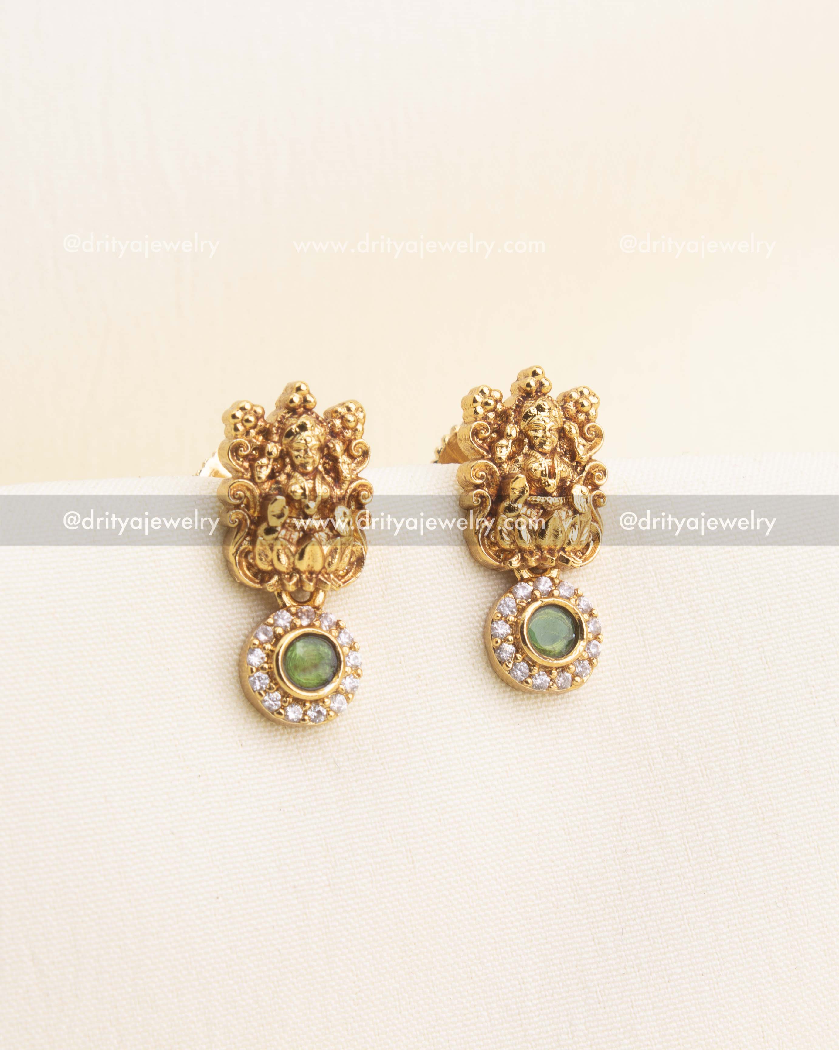 Lakshmi temple earrings with green stone drops
