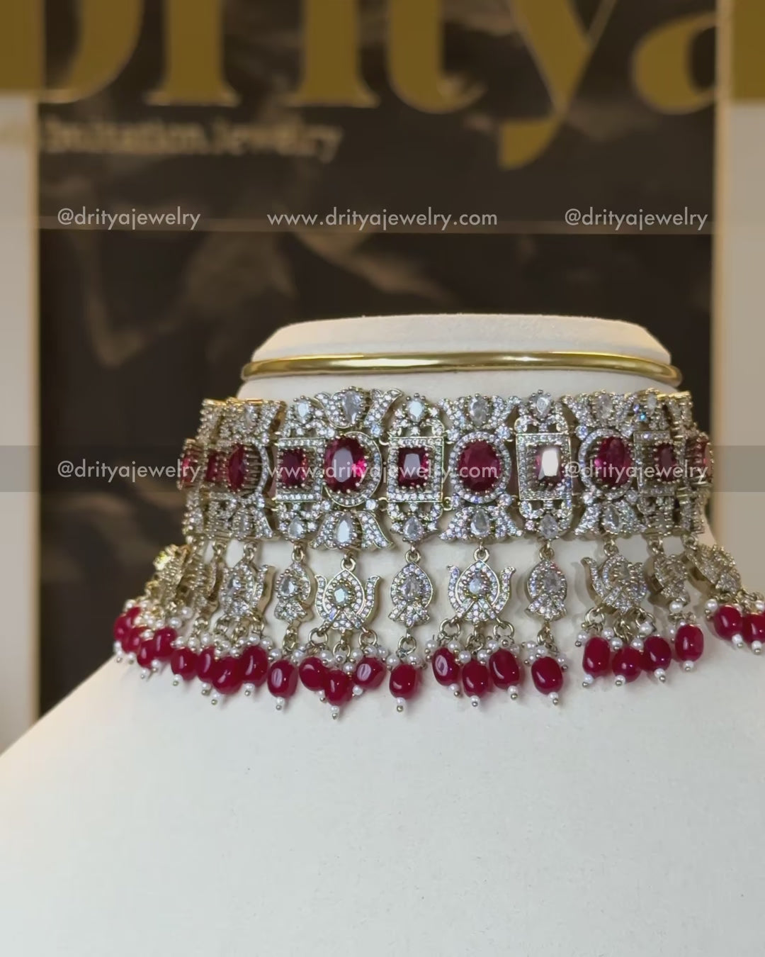 Bridal Choker Set Ruby Red with AD Stones and Earrings