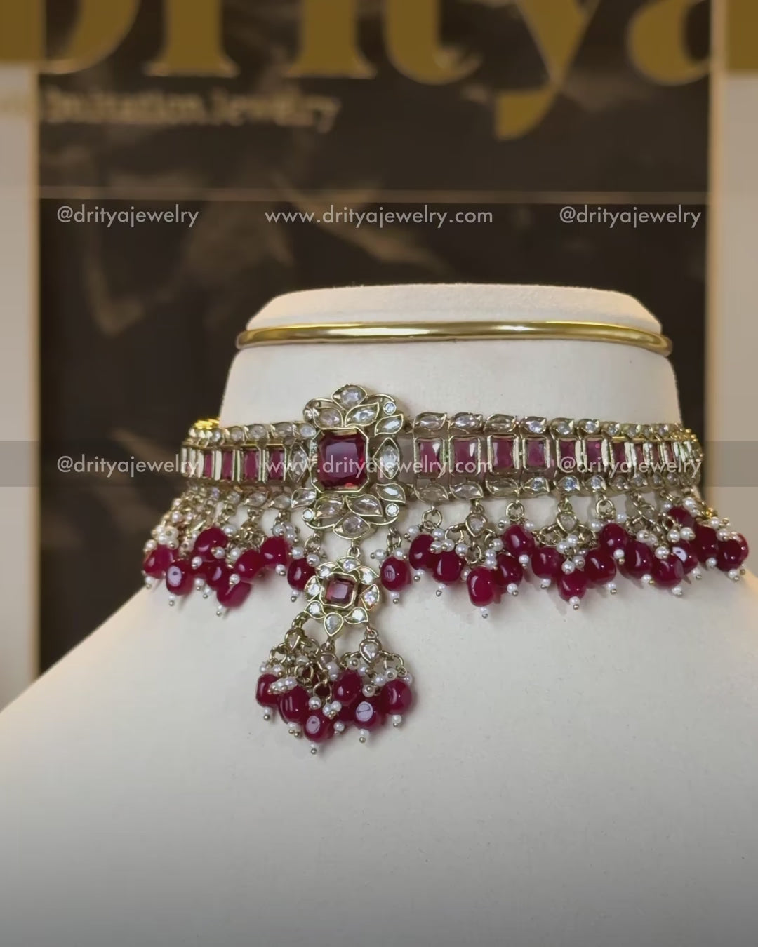 Premium Ruby Red Reverse AD Choker Set with Red Beads