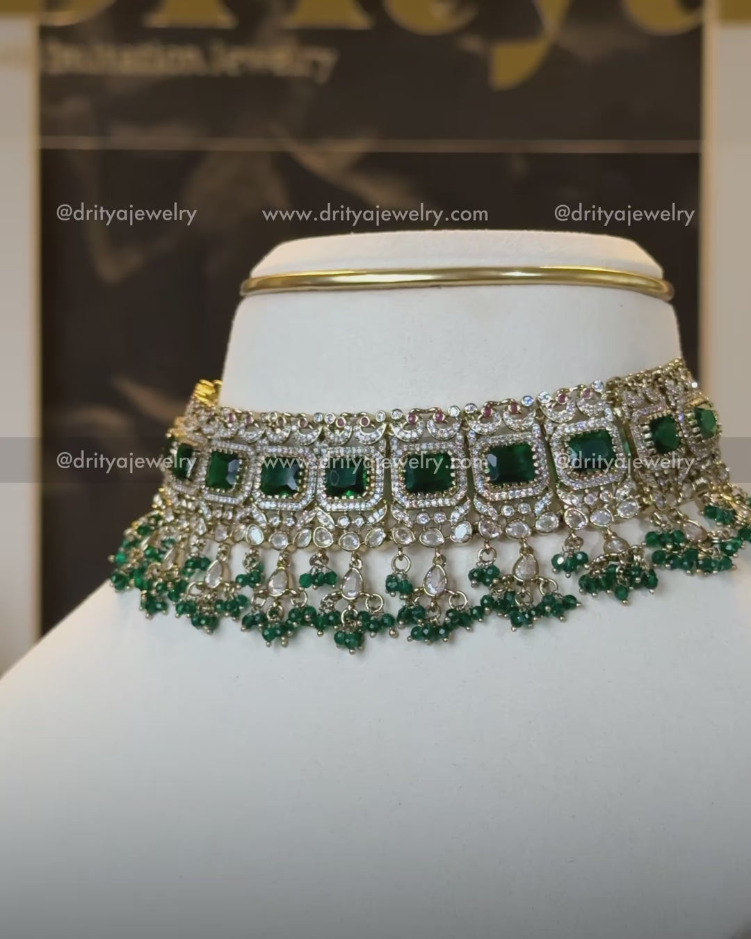 Regal Emerald Green Kundan Choker Set with Bead Drops