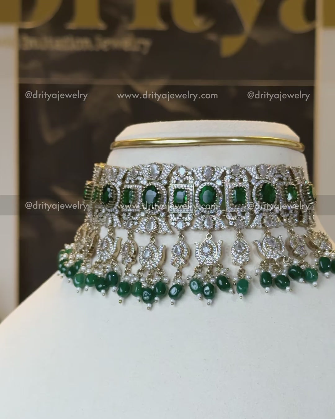 Bridal Choker Set Emerald Green with AD Stones and Earrings