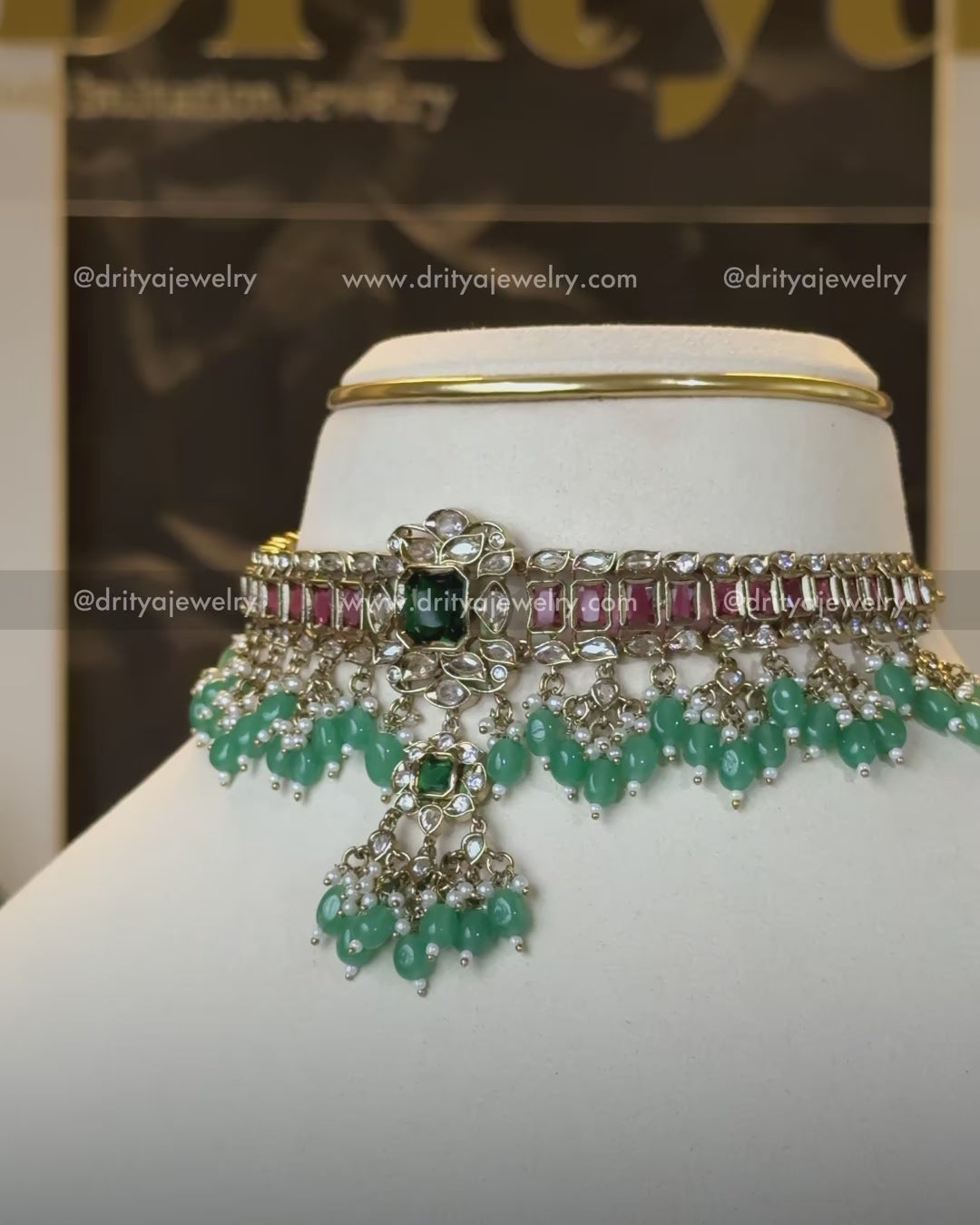 Premium Reverse AD Choker Set with Magenta-Green Mix and Bead Drops