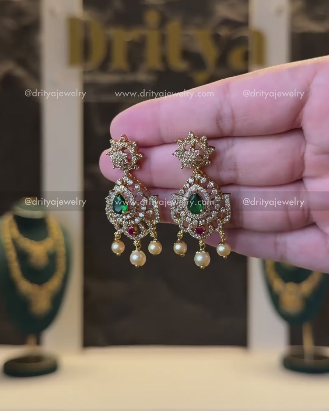 Premium CZ Danglers with Green and Pink Gem Accents