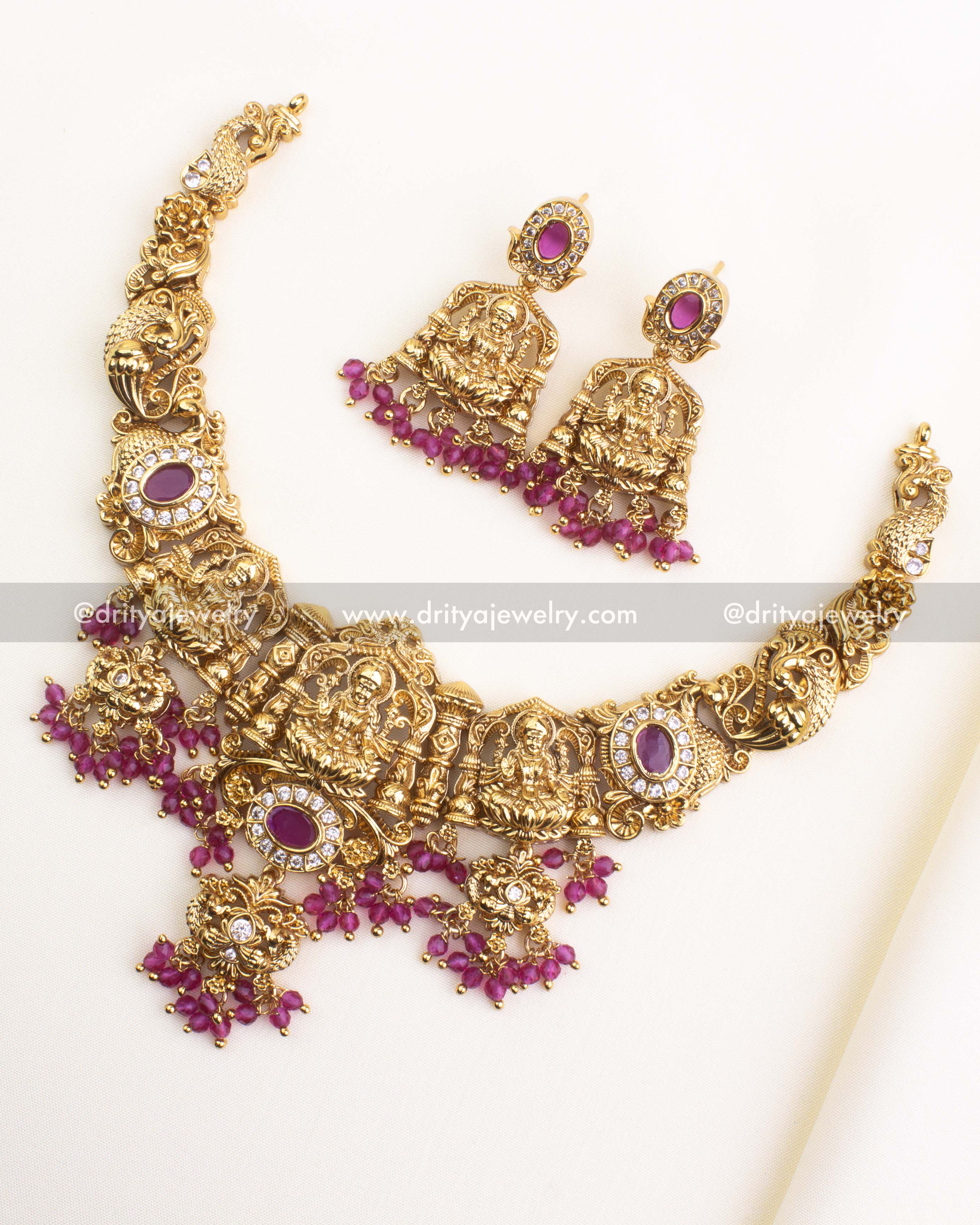 Premium Nakshi Temple Short Necklace with Ruby Red Beads