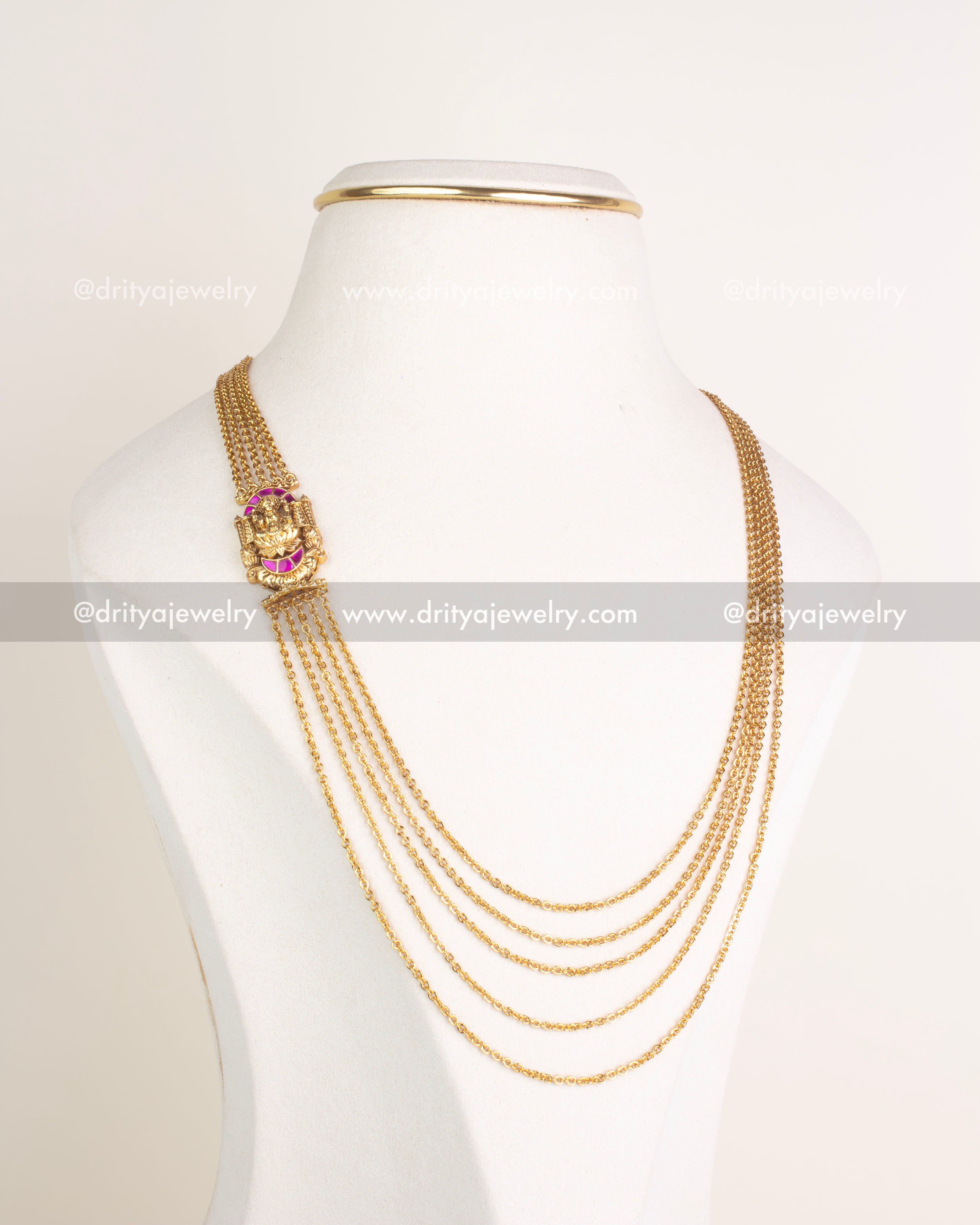 Full front view of multi-layered temple chandraharam necklace with side-set god idol pendant