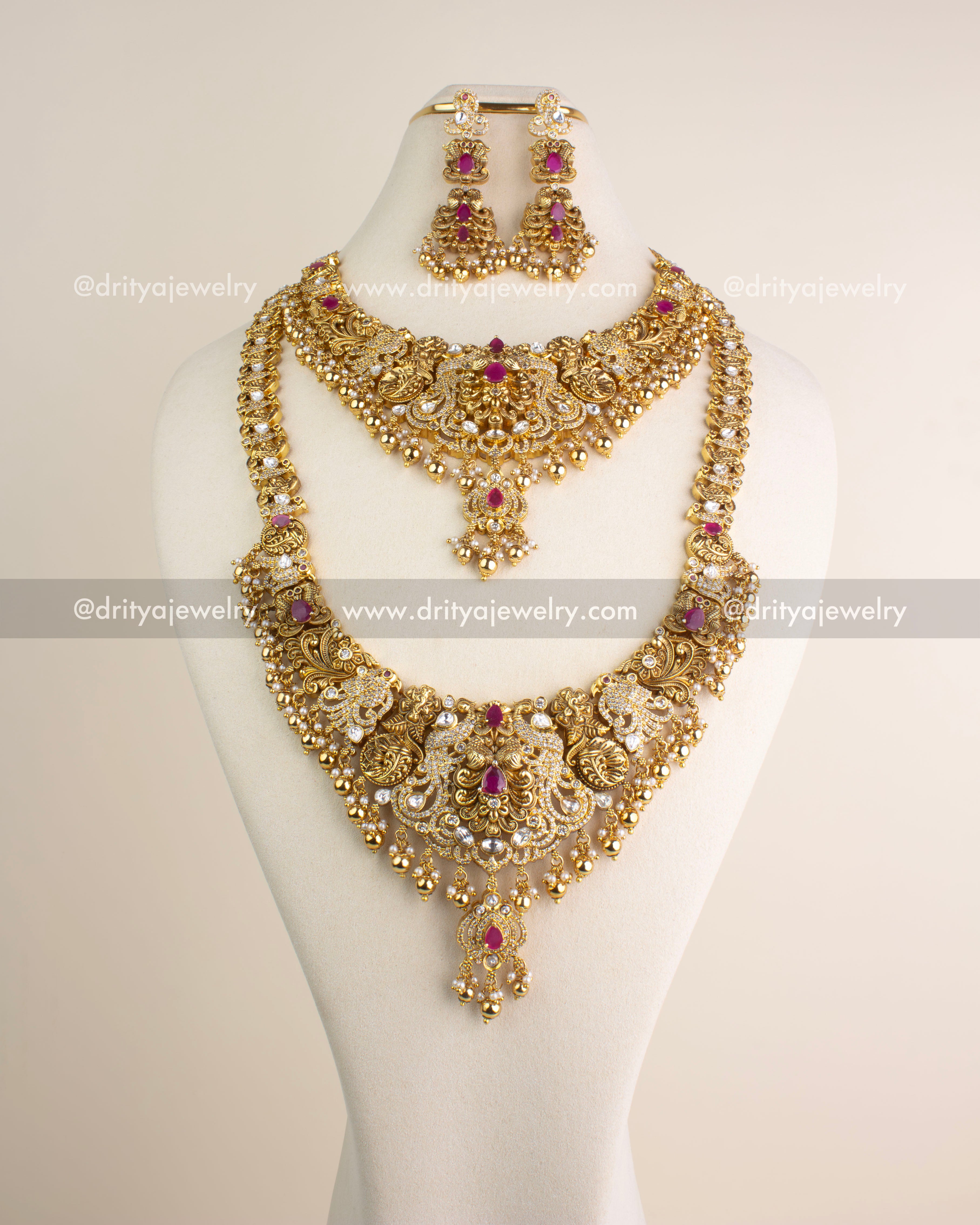 Full view of the premium antique combo set including long necklace, short necklace, and danglers, detailed with ruby-red stones and polki kundan work.