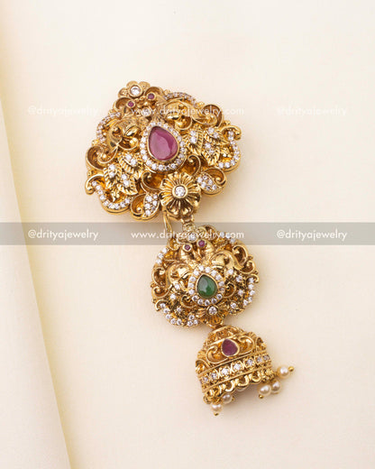 Premium antique Jada Billa featuring ruby stone, CZ stones, and pearl drops in temple-style design.