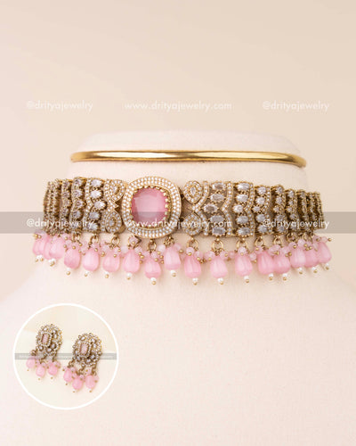 Premium blush pink Victorian choker with matching bead drops and studs.