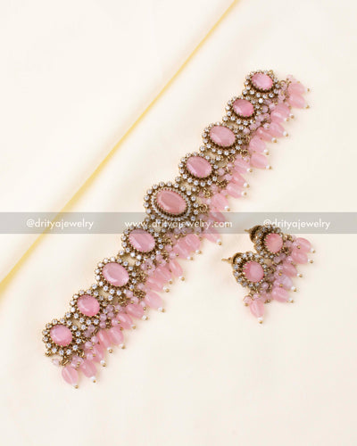 Premium blush pink choker with oval stones and pink bead drops