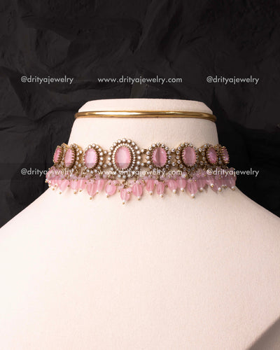 Premium blush pink choker with oval stones and pink bead drops