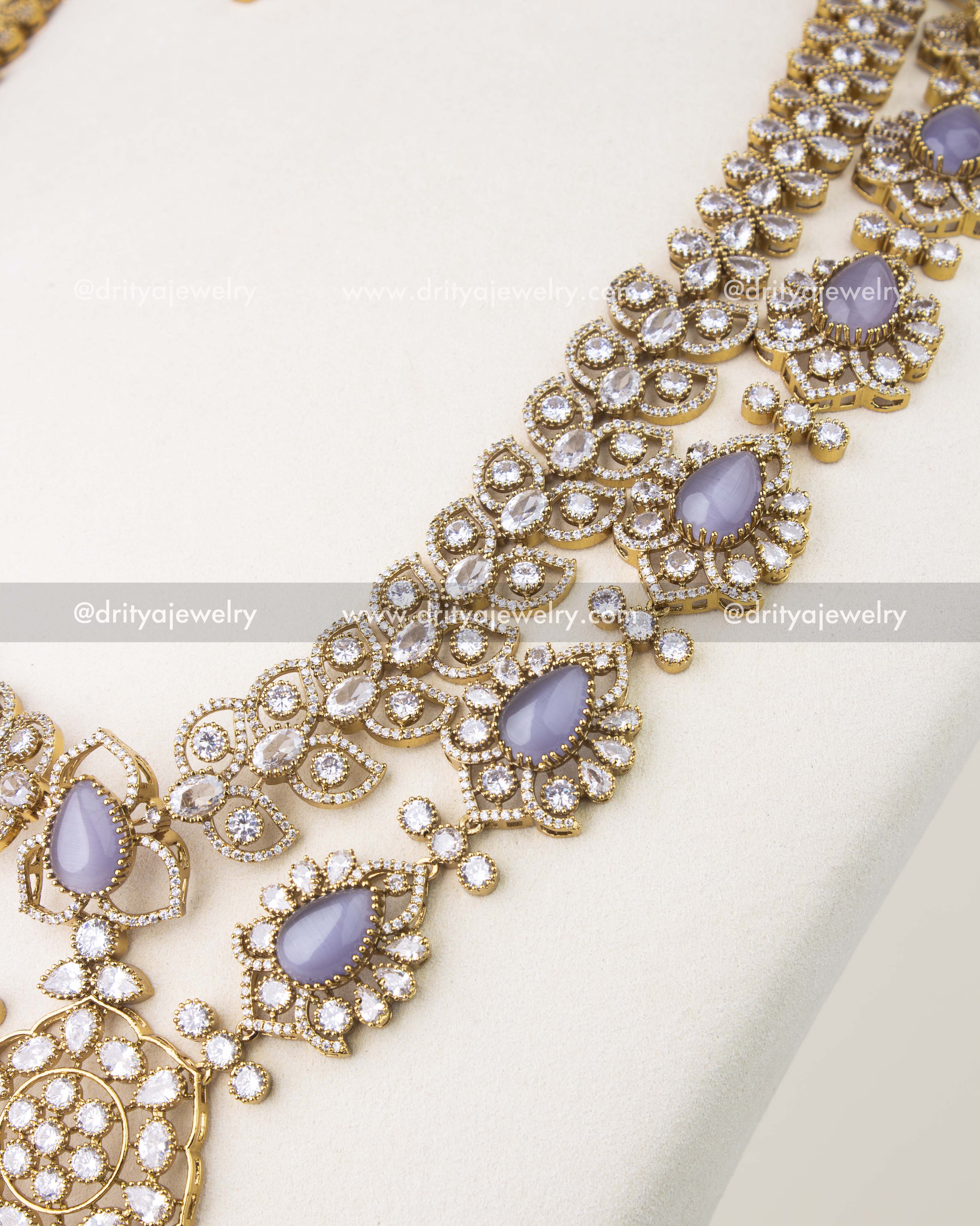 Cushion cut purple stones with CZ halo in Victorian gold polish necklace
