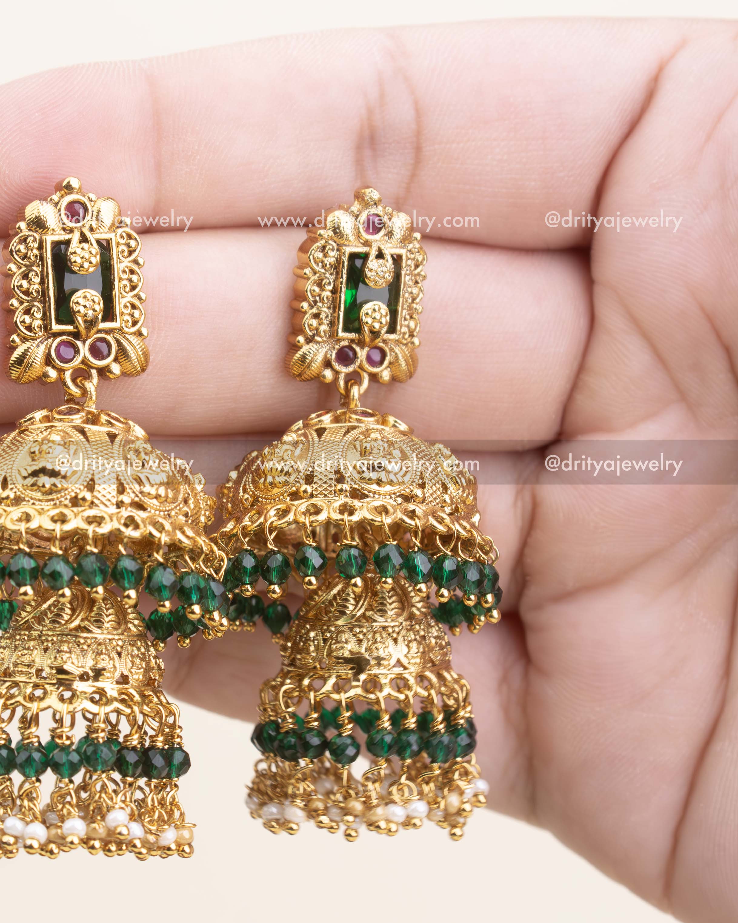 Premium Gold-Plated Temple Jhumka Earrings with Emerald Beads