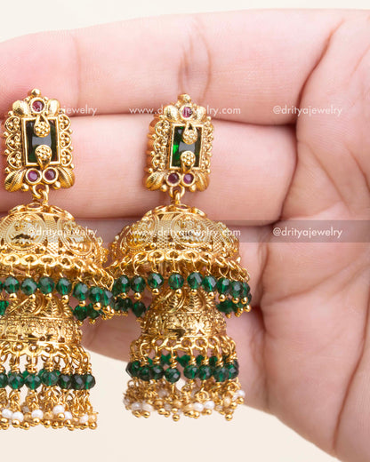 Premium Gold-Plated Temple Jhumka Earrings with Emerald Beads
