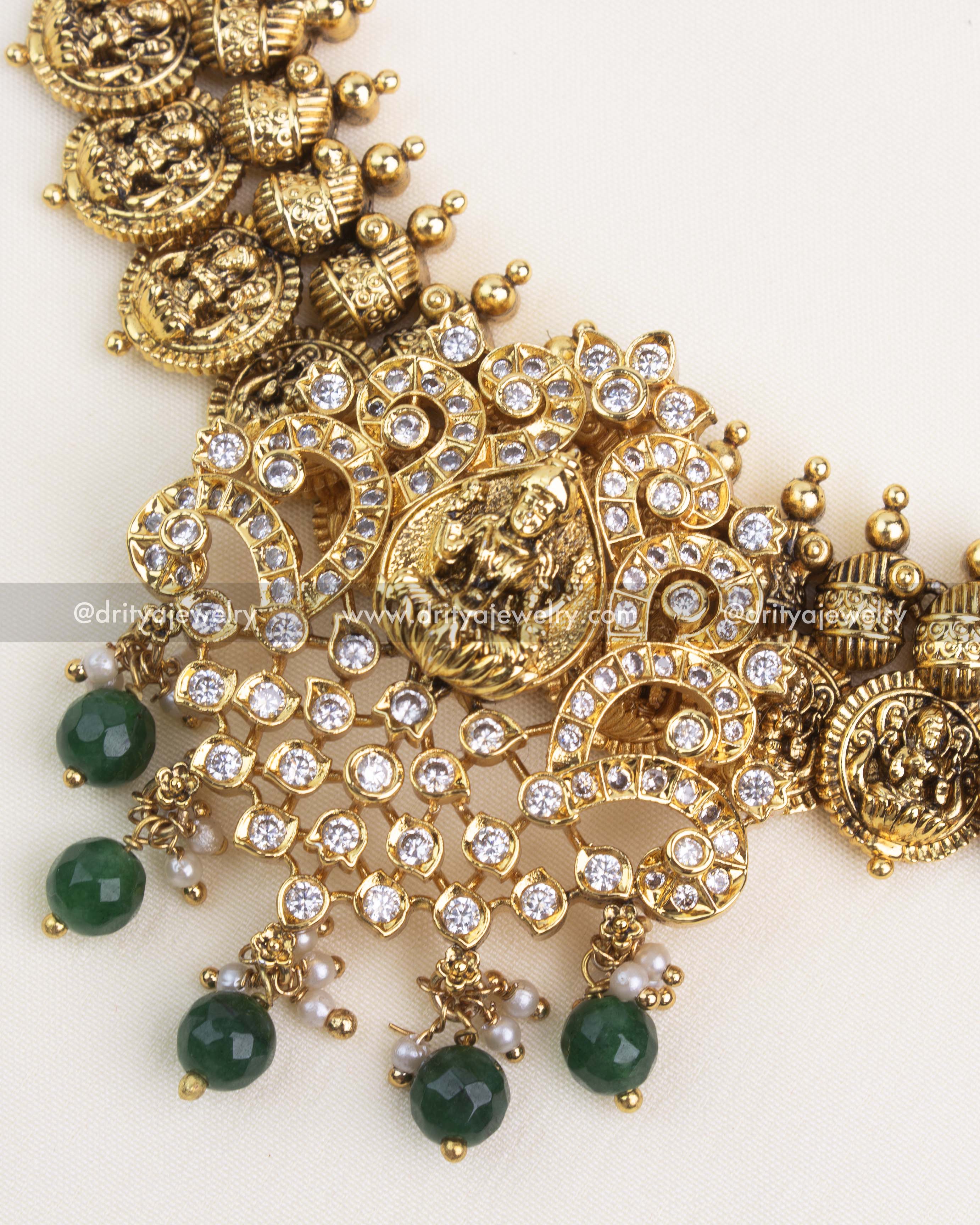 Premium Nakshi Kasulu Short Necklace Set - Emerald Green