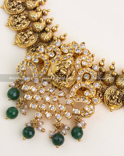 Premium Nakshi Kasulu Short Necklace Set - Emerald Green