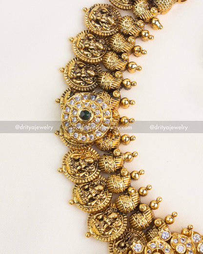 Premium Nakshi Kasulu Short Necklace Set - Emerald Green