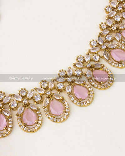 Detailed view of Victorian short necklace with blush pink stones and intricate CZ detailing.