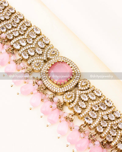 Detailed view of blush pink Victorian choker showcasing intricate AD stones.