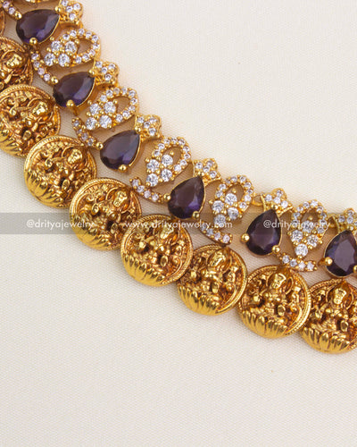 Intricate Lakshmi kasu motifs with CZ embellishments and antique gold finish.