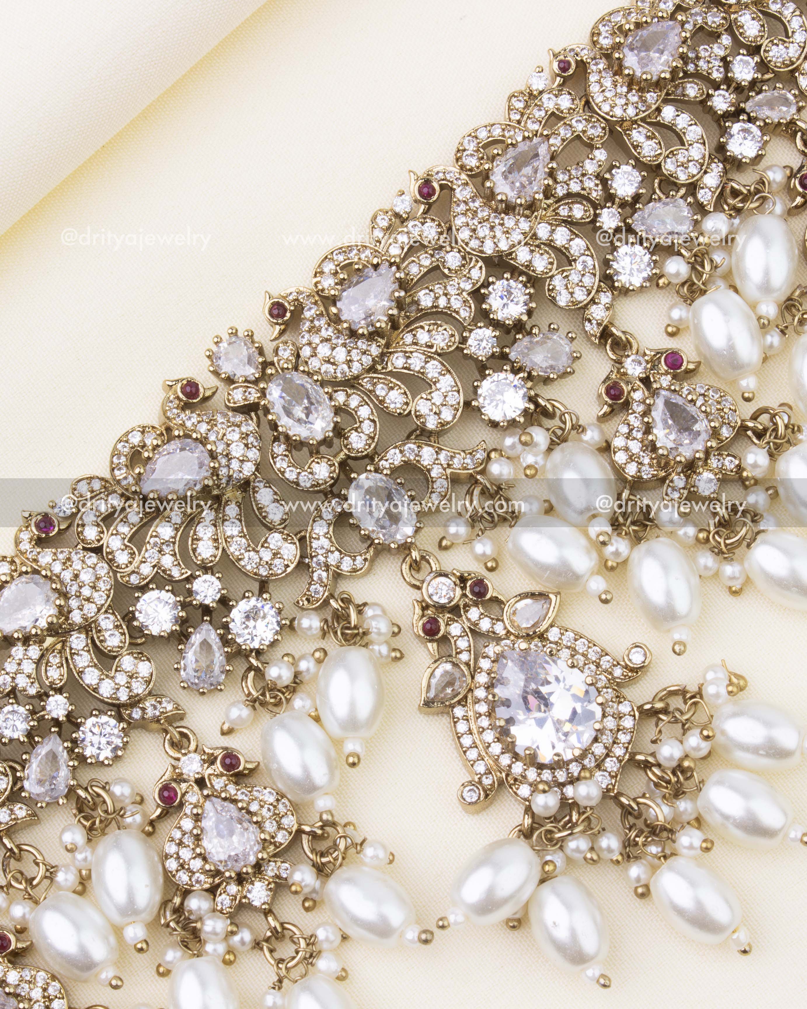 Detailed close-up of Victorian-style diamond white choker with CZ sparkle and pearls.