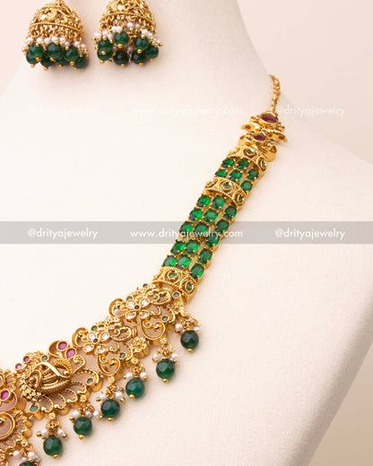 Premium Long Necklace Set with Filigree Pendant -  Emerald