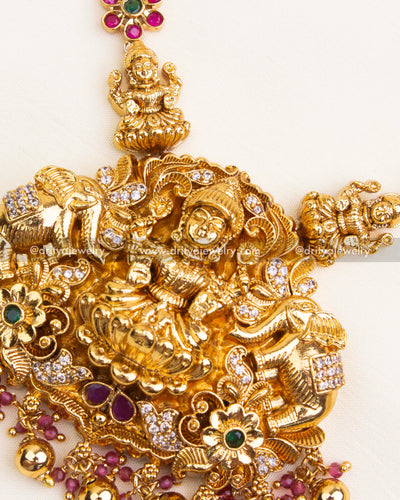 Premium Nakshi Short Necklace Set with Goddess Motifs and Ruby Accents