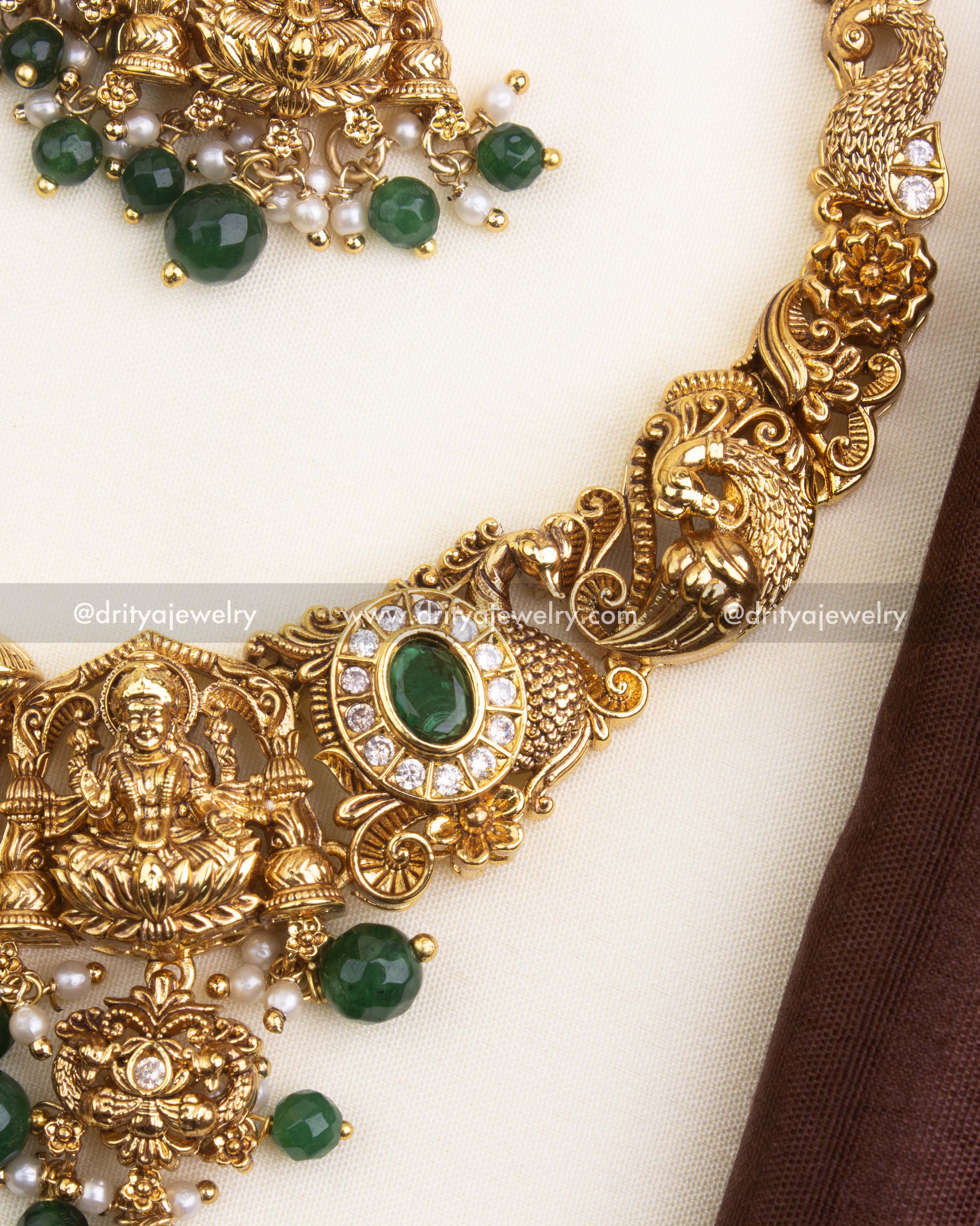 Premium Nakshi Temple Short Necklace with Emerald Green Beads