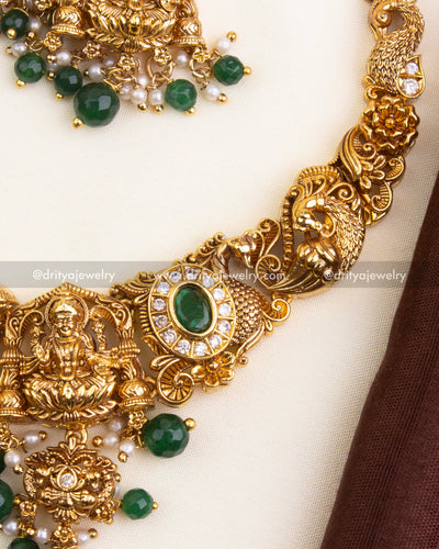 Premium Nakshi Temple Short Necklace with Emerald Green Beads