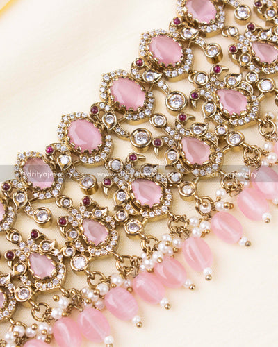 Detailed image of blush pink beads and AD stone choker craftsmanship.