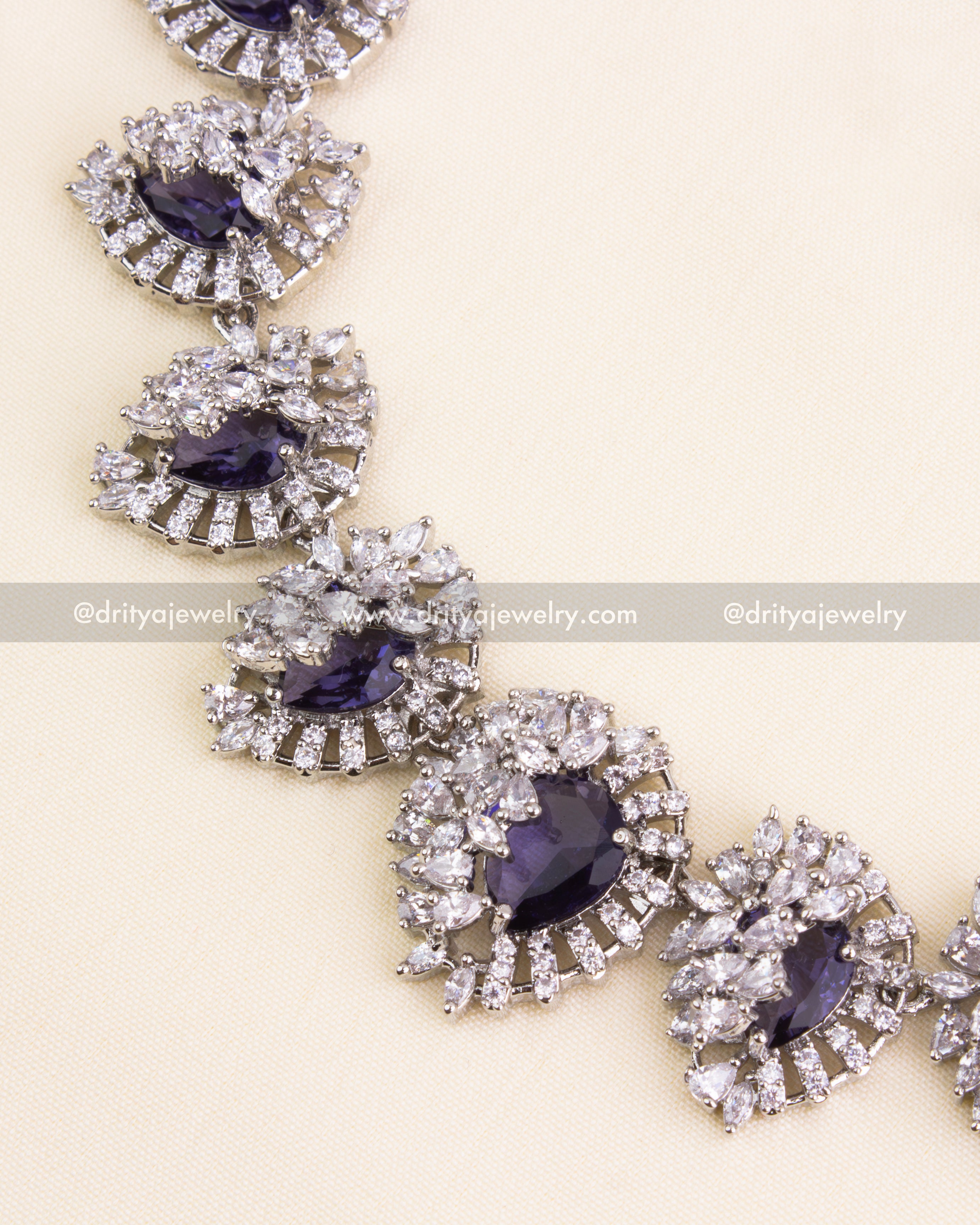 Premium Deep Purple Zircon Short Necklace Set with Rhodium Finish