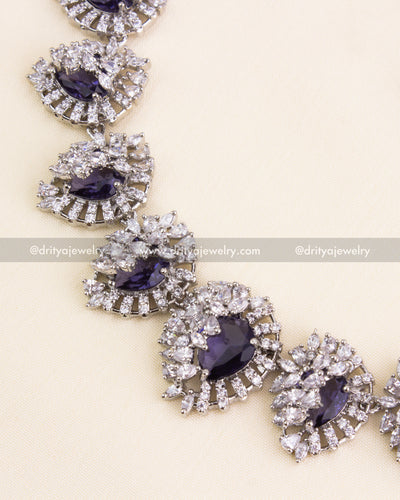 Premium Deep Purple Zircon Short Necklace Set with Rhodium Finish