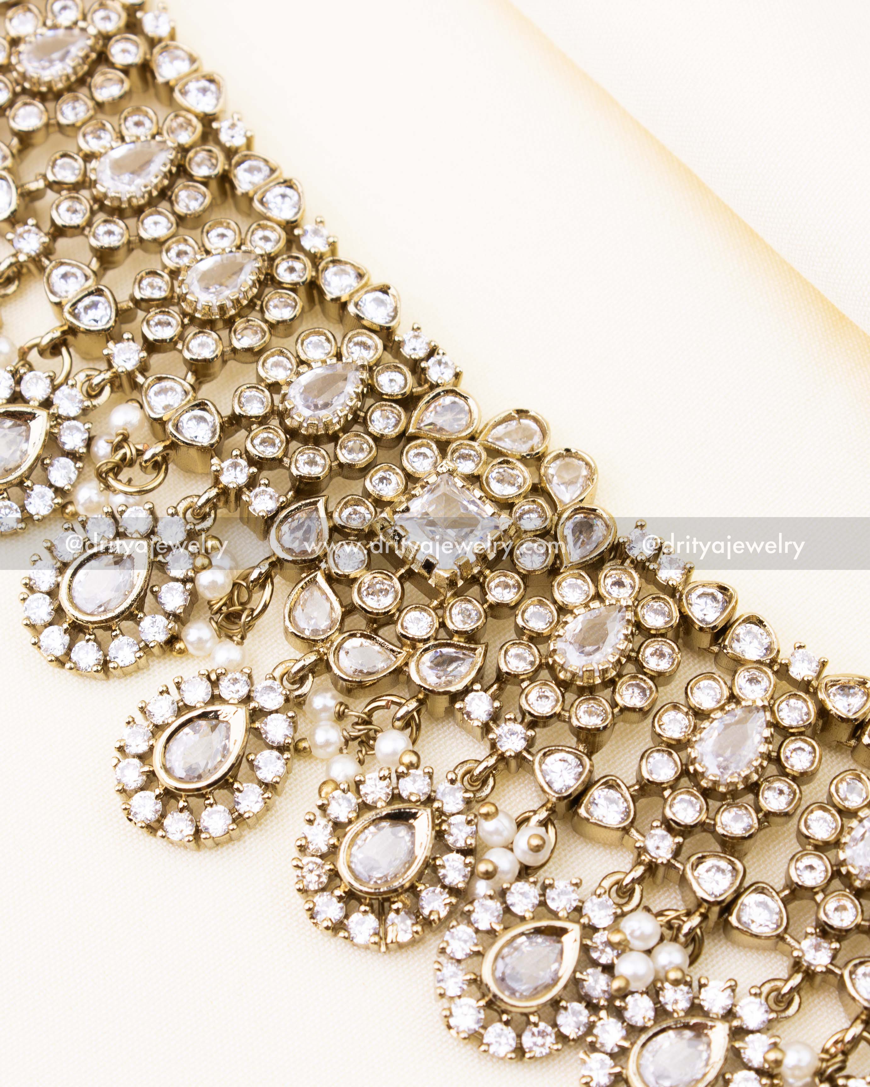 Detailed close-up of Victorian choker showing floral CZ motifs and teardrop embellishments.