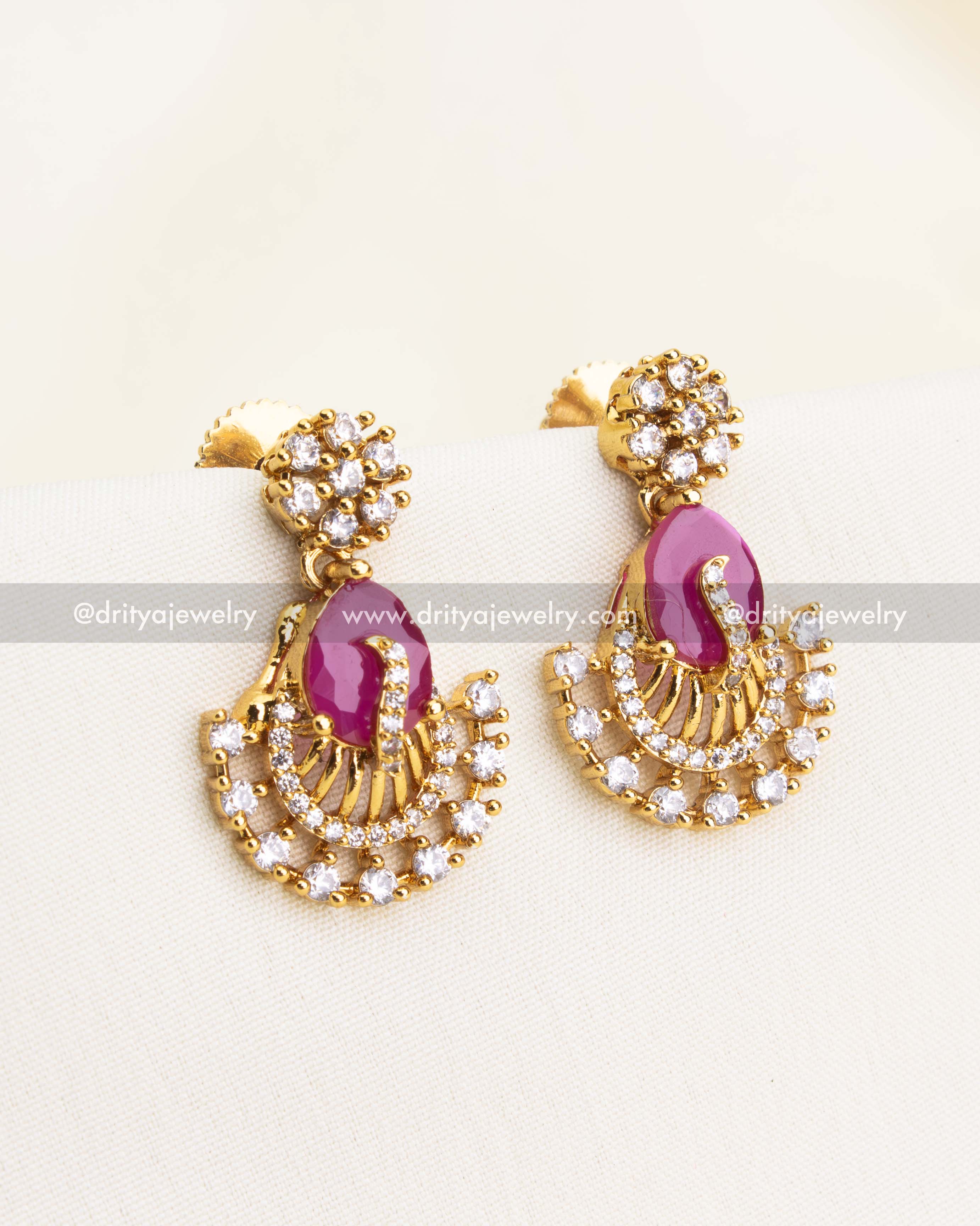 Floral top earrings with pink teardrop stone and CZ design