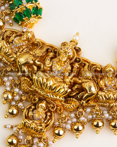 Intricate temple motif of Goddess Lakshmi with elephants