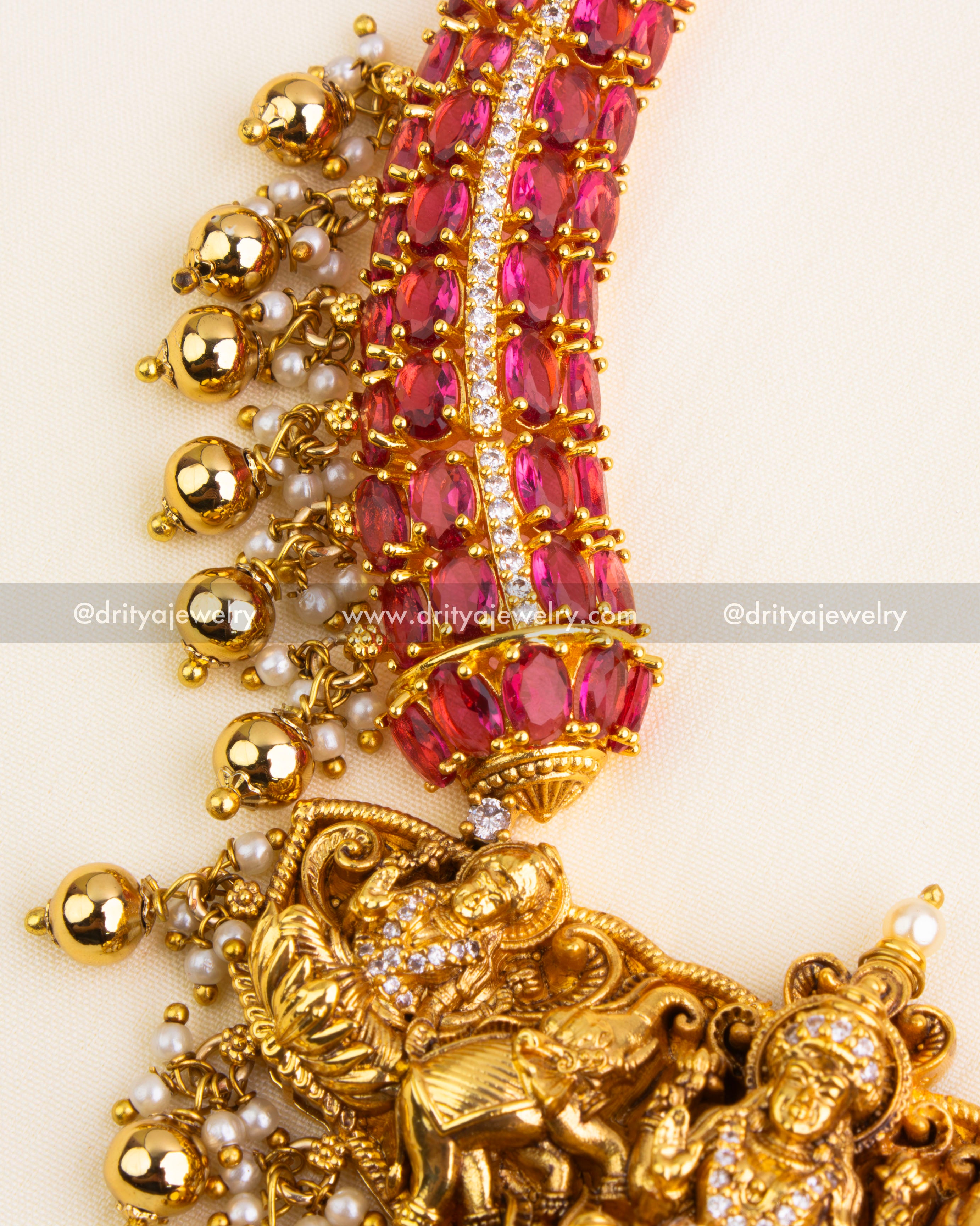 Ruby stones with CZ line work and pearl hangings [Stone Detail Close-Up
