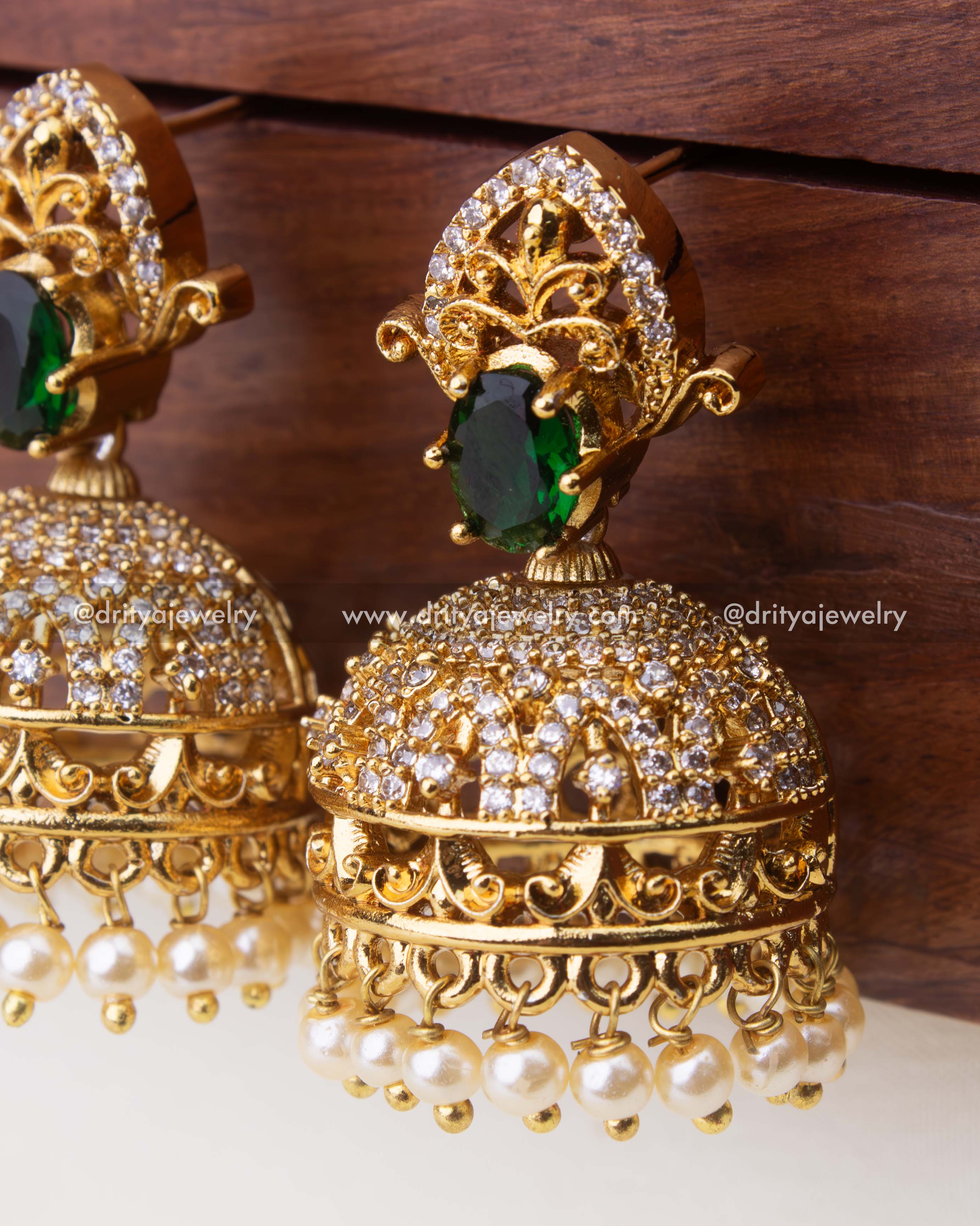 Detailed Close-Up of Emerald Green CZ Jhumka Design