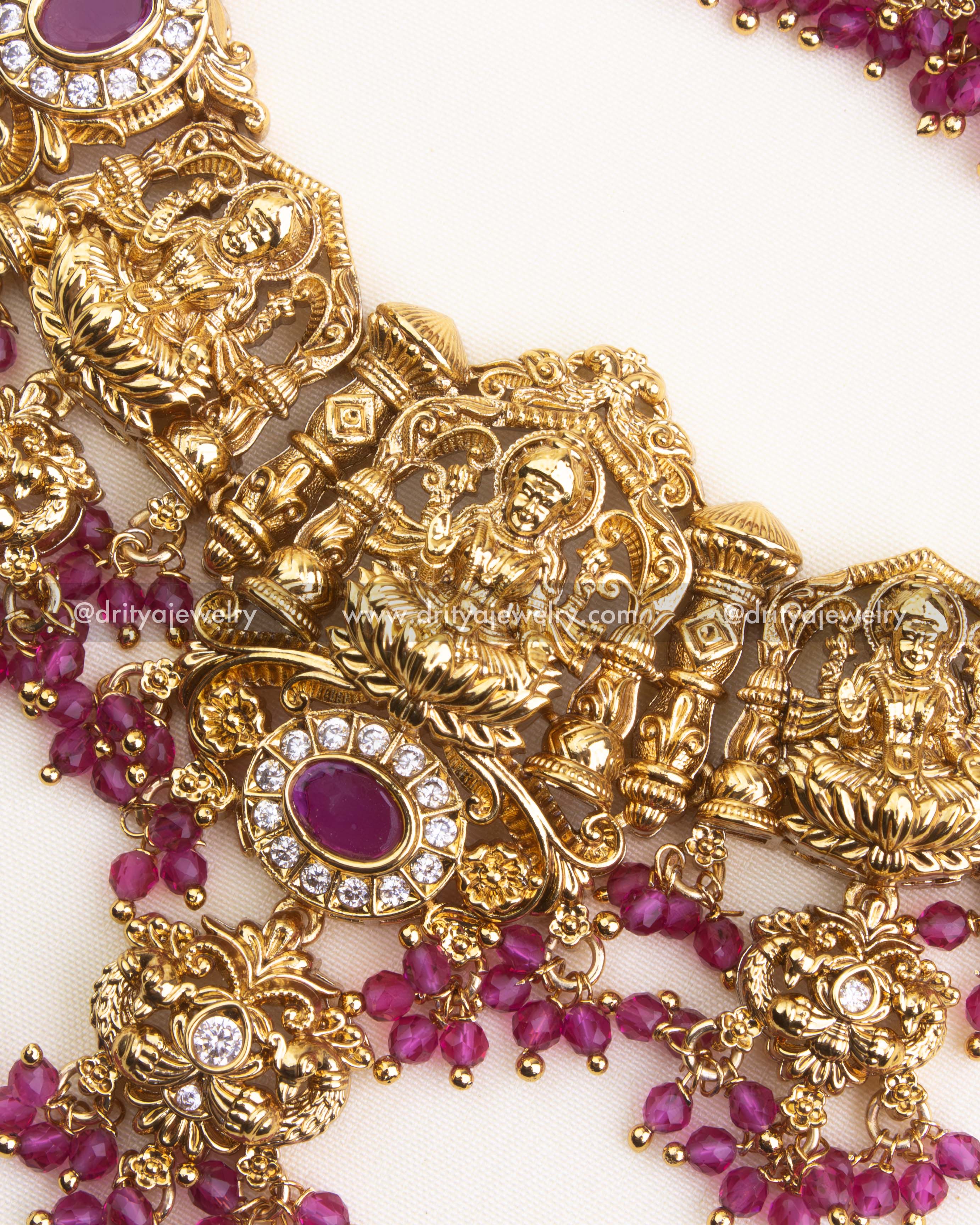 Premium Nakshi Temple Short Necklace with Ruby Red Beads