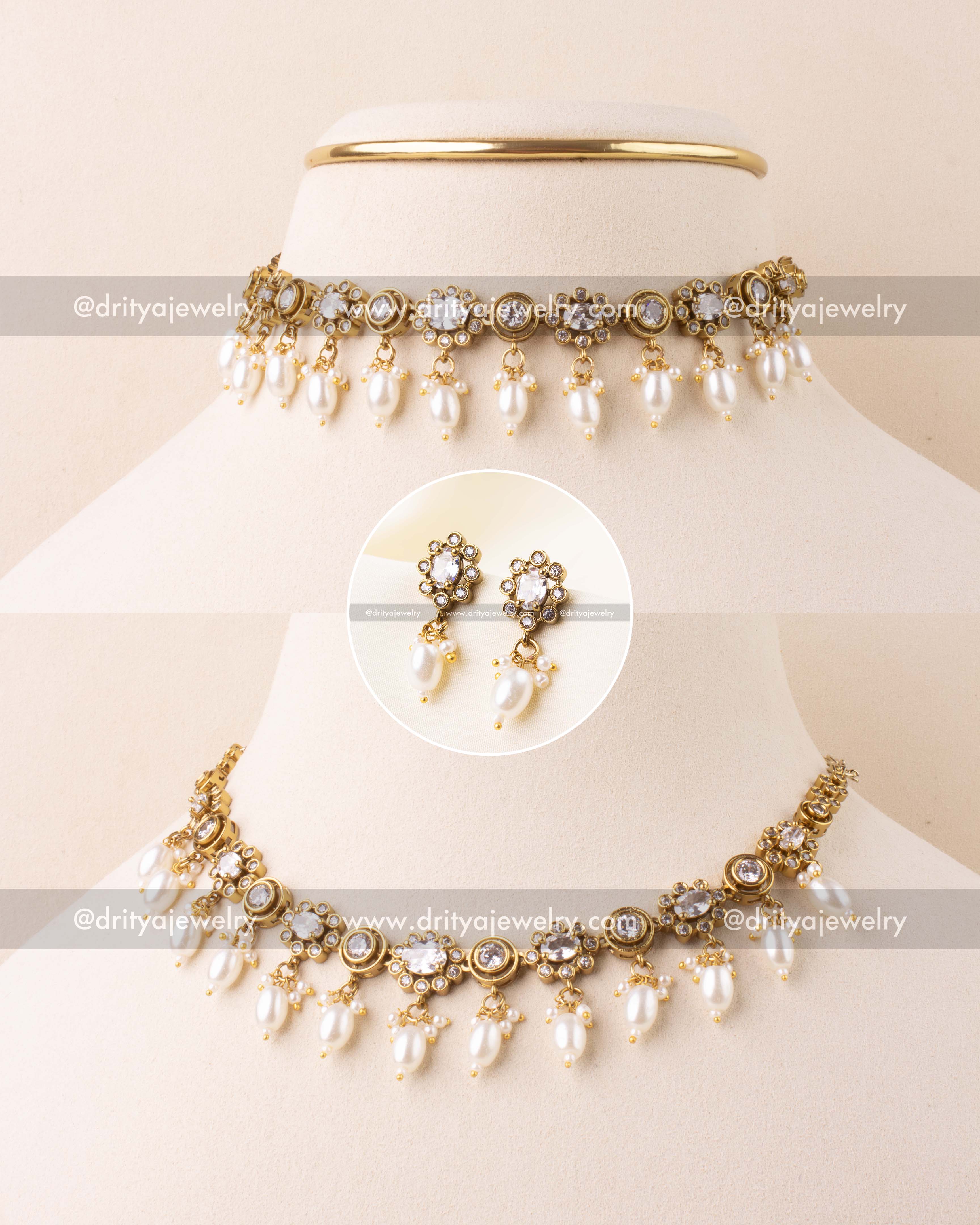 Choker necklace with CZ stones and white pearl drops in antique Victorian finish.