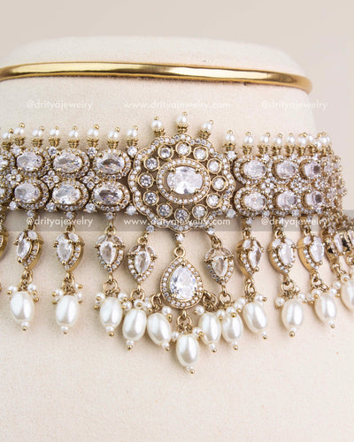 Intricately crafted Victorian choker with clear stones and lustrous pearl drops.